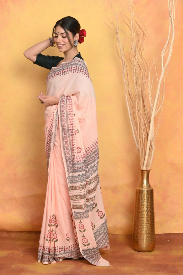 Very Much Indian Handblock Printed Cotton Saree With Natural Dyes - Peach | Swadesiicart
