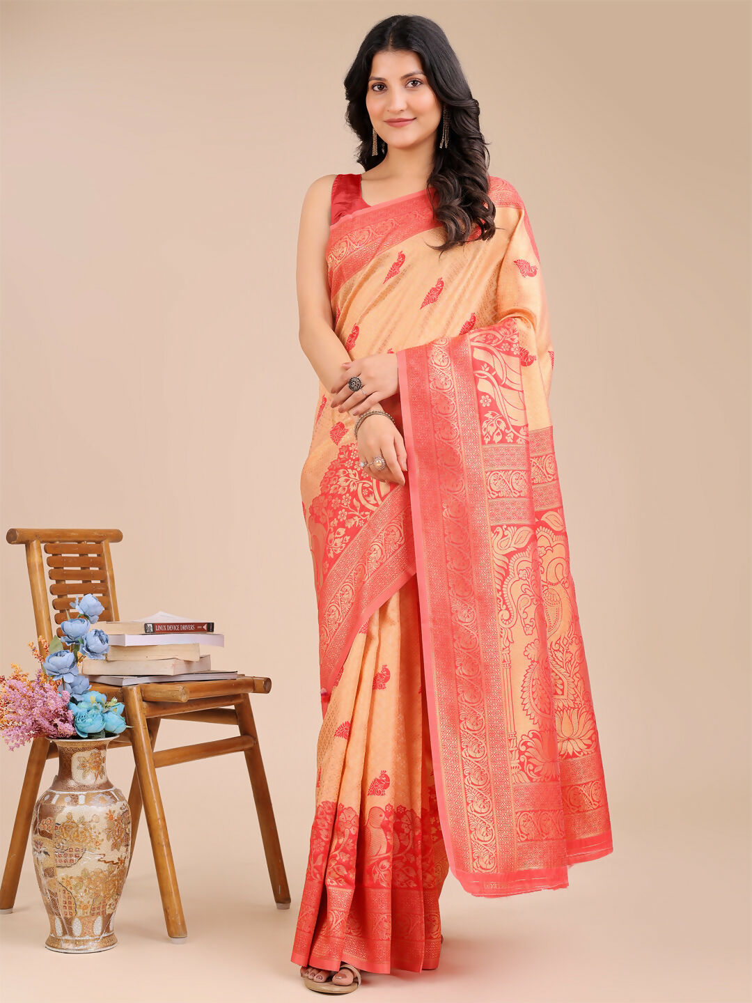 Astita Banarasi Silk Cream & Red Saree | Swadesiicart