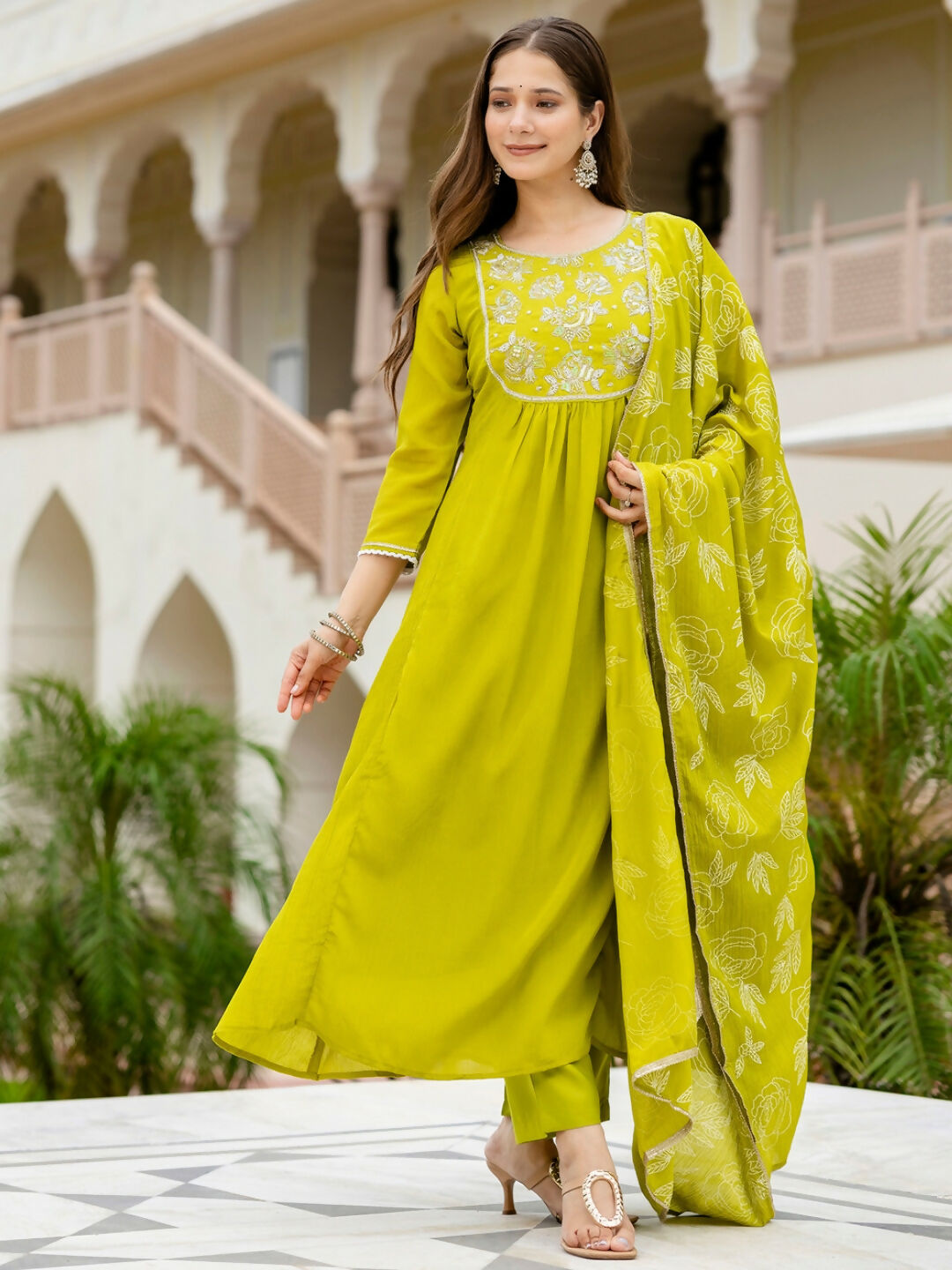 The52 Liril Women's Beautiful Embroidered work Chinon Fabric with Flared Kurta, Pant and Dupatta Set - Swadesiicart
