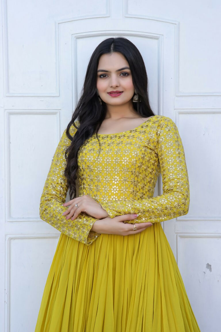 Jyoti Fashion Women's Yellow Sequence Zari Embroidered Faux Blooming Anarkali Dress | Swadesiicart
