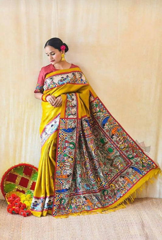 Exclusive Collection Yellow 4 Beautiful Khadi Ghicha Handloom Saree - Swadesiicart