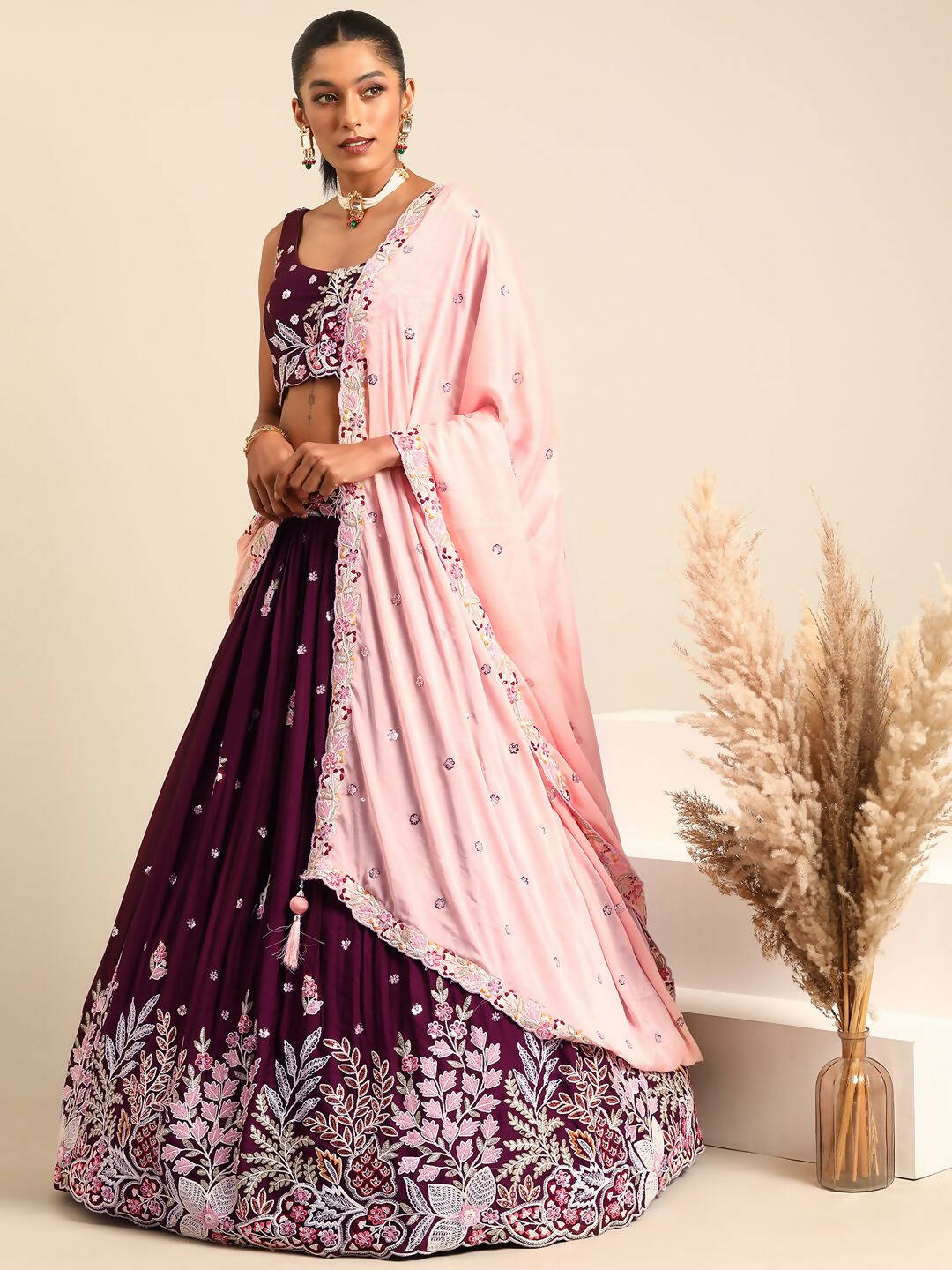 House of Panchhi Burgundy Georgette Sequins and thread embroidery Lehenga choli & Dupatta | Swadesiicart
