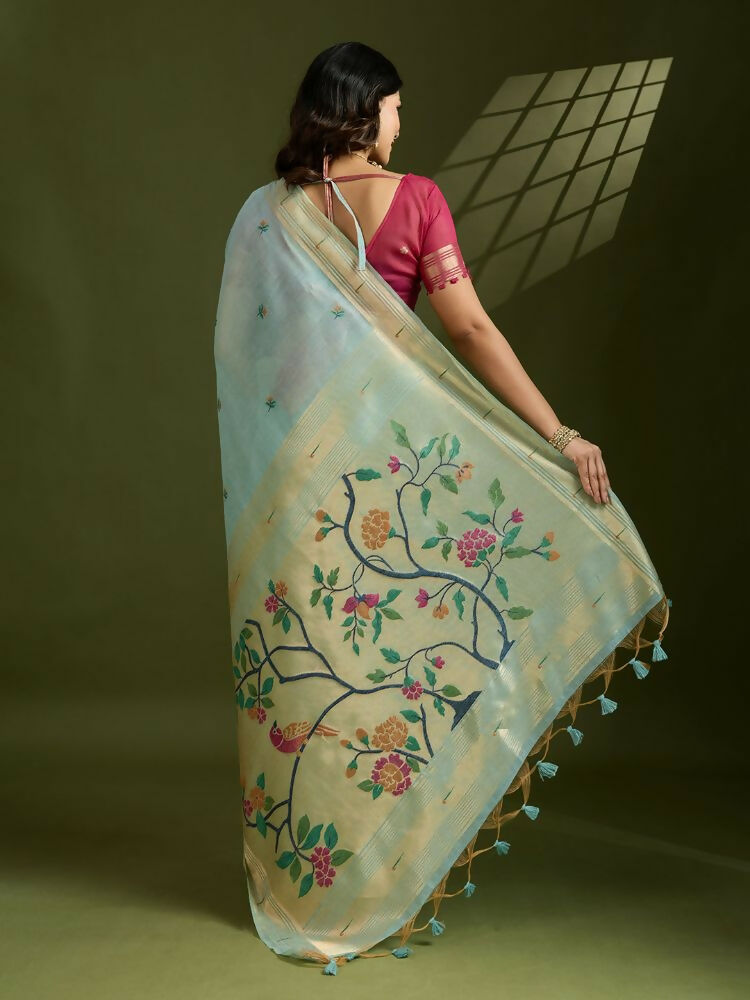 Vishnu Weaves Women's Firozi Muga Cotton Thread Woven Butti with Blouse - Swadesiicart