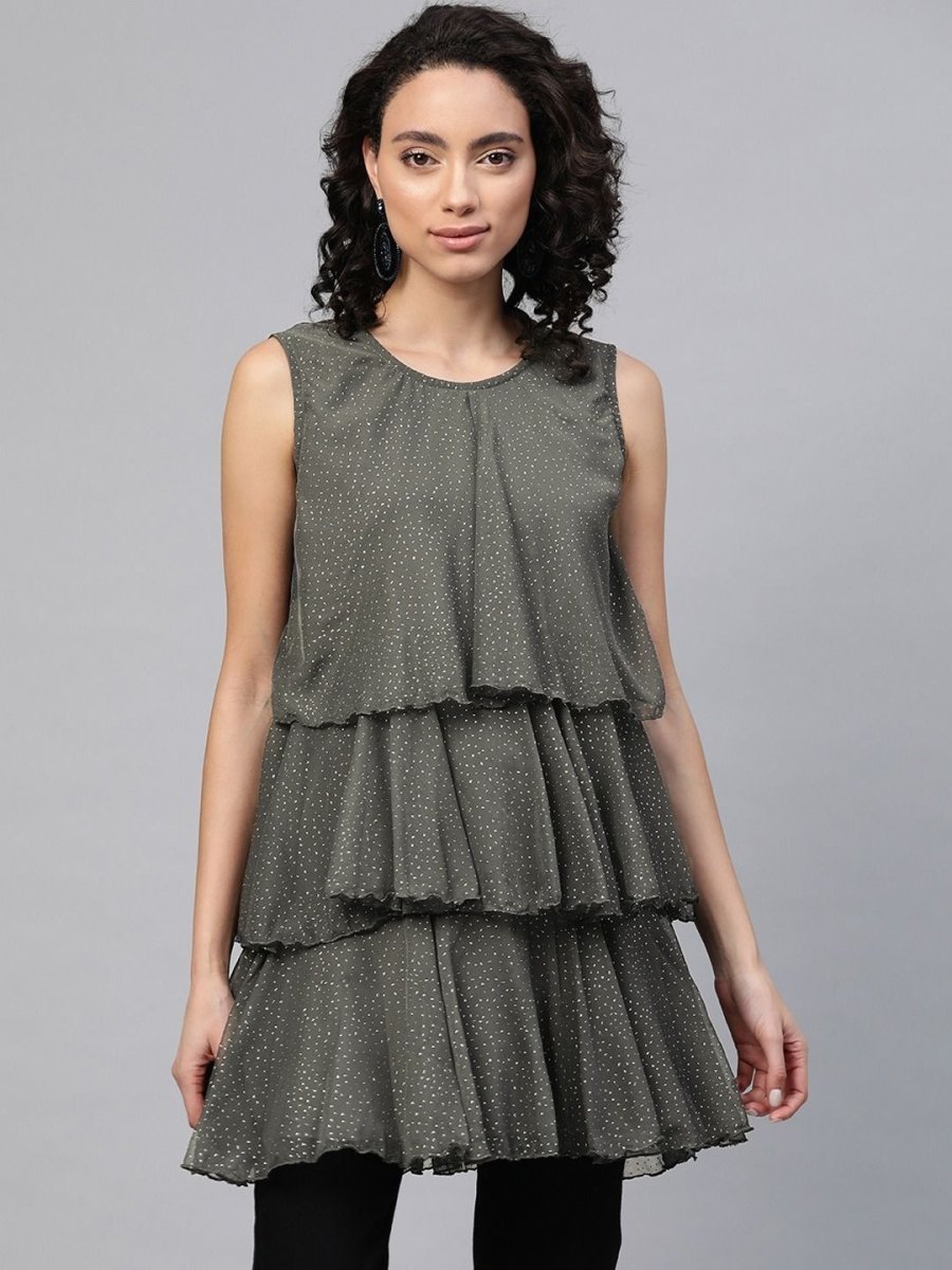 Ahalyaa Women Grey Chiffon Silver Glitter Printed Tiered Tunic | Swadesiicart