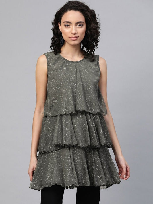 Ahalyaa Women Grey Chiffon Silver Glitter Printed Tiered Tunic | Swadesiicart