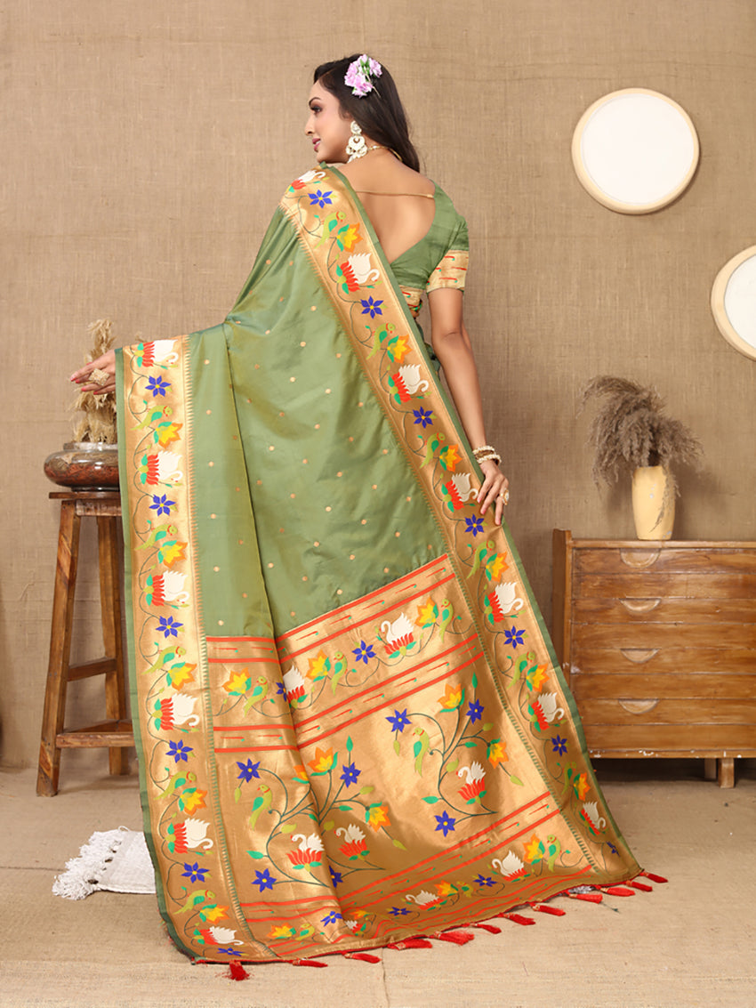 Lorenvalley Fashion Olive Soft Paithani Silk Woven Design Rich Zari Meenakari Weaving Saree - Swadesiicart