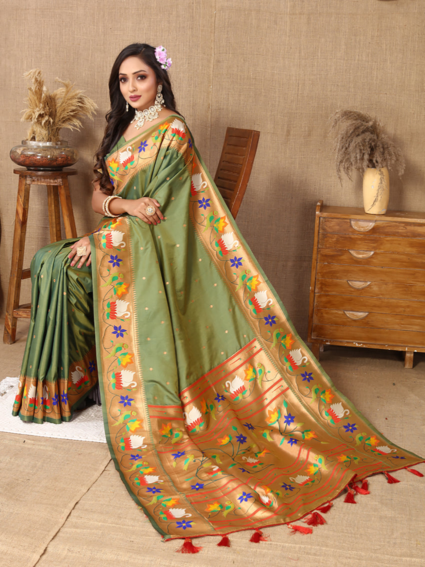 Lorenvalley Fashion Olive Soft Paithani Silk Woven Design Rich Zari Meenakari Weaving Saree - Swadesiicart
