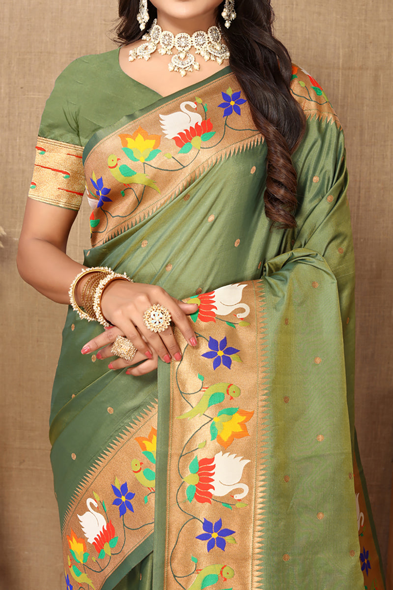 Lorenvalley Fashion Olive Soft Paithani Silk Woven Design Rich Zari Meenakari Weaving Saree - Swadesiicart