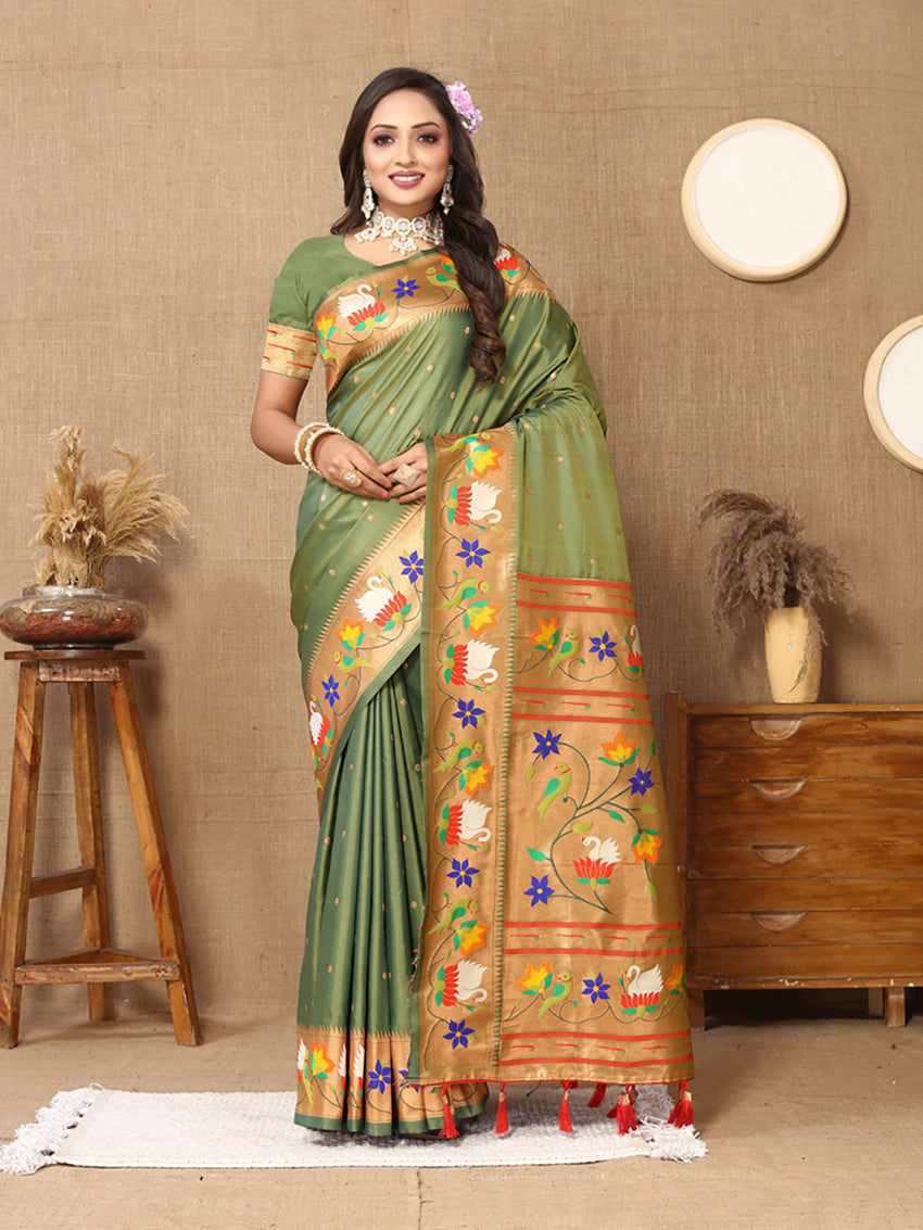 Lorenvalley Fashion Olive Soft Paithani Silk Woven Design Rich Zari Meenakari Weaving Saree - Swadesiicart