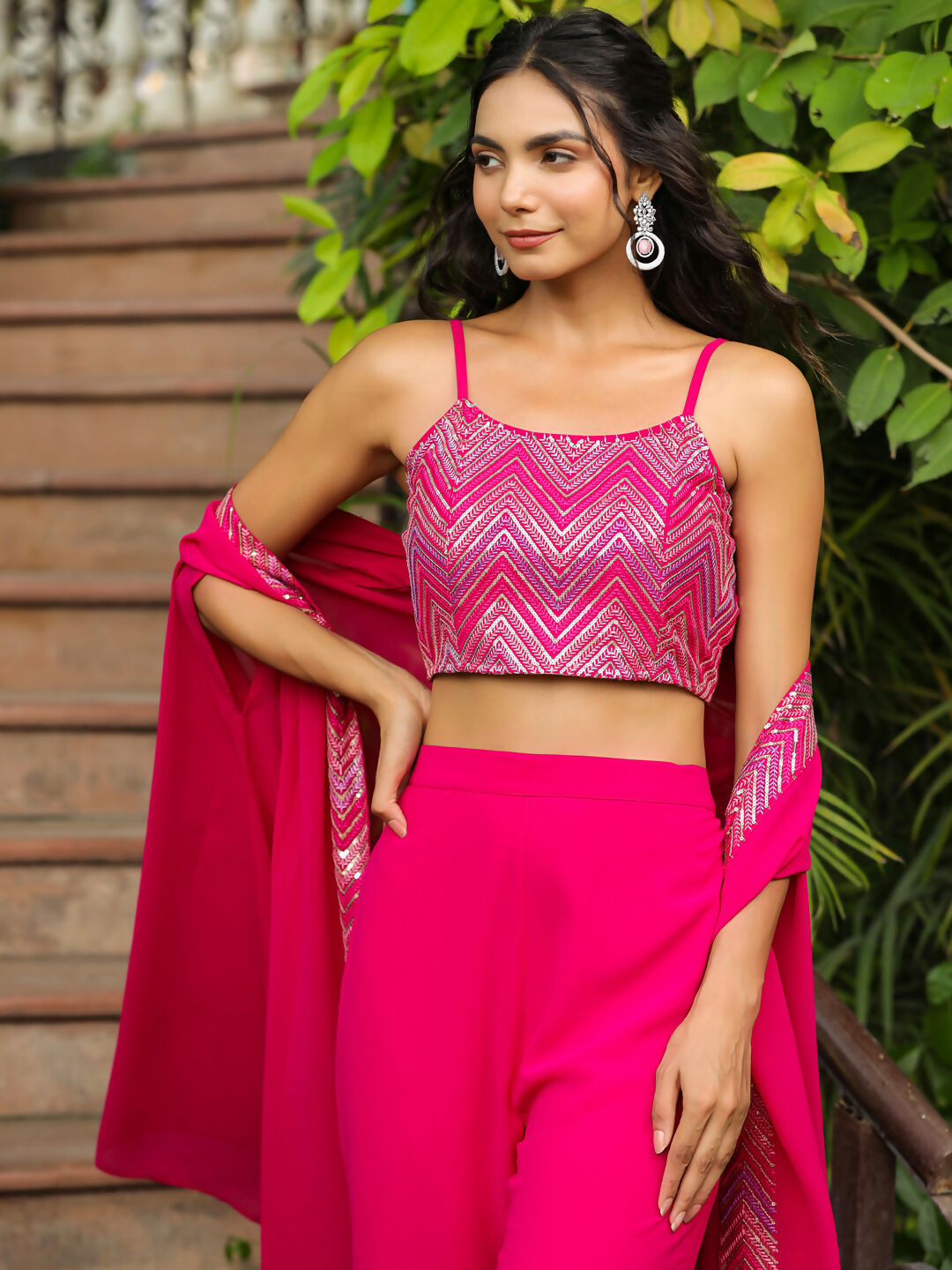 Janasya Pink Georgette Embroidered Top Bottom Cape | Swadesiicart