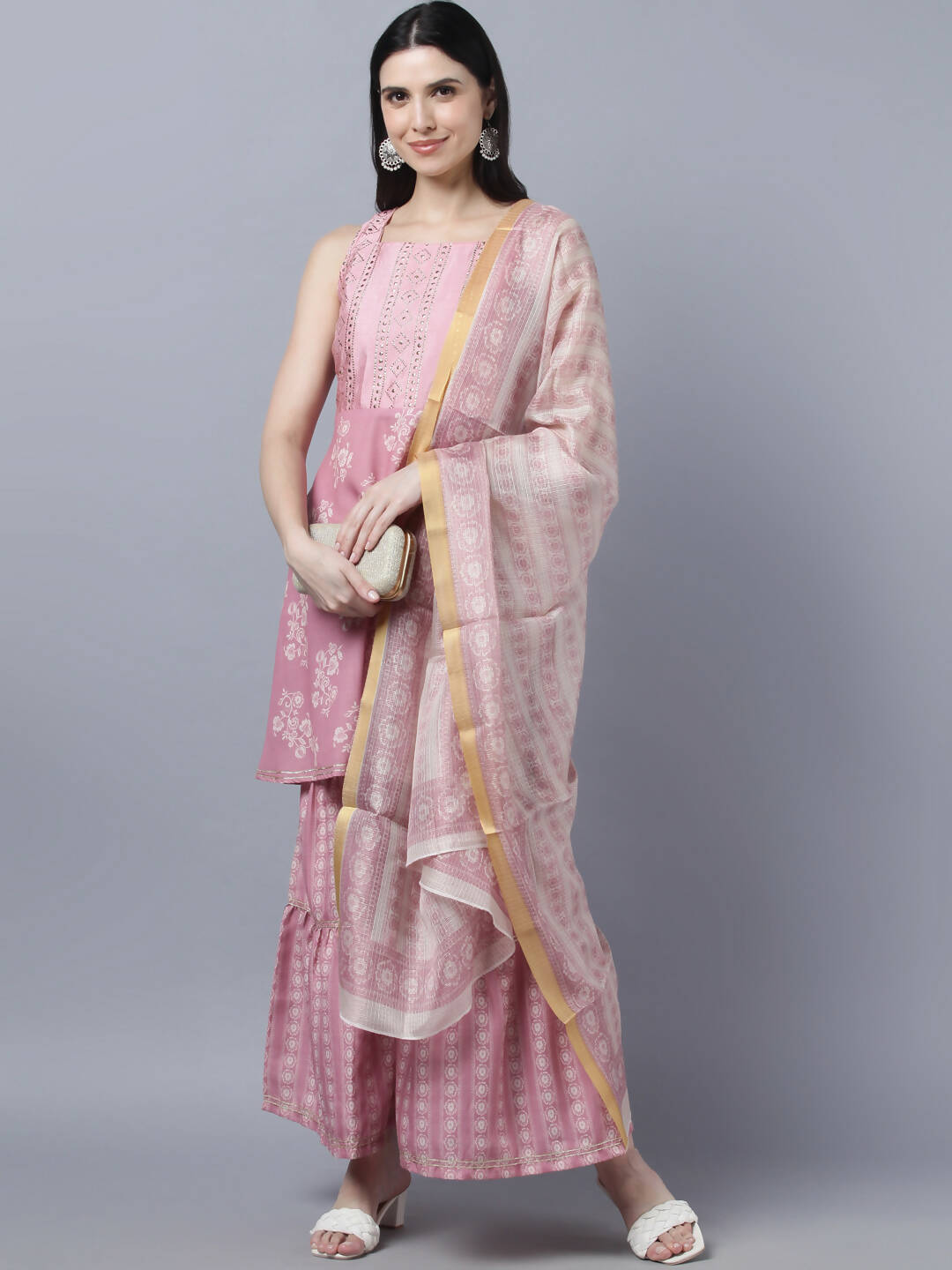 Myshka Women Peach-Coloured White Floral Printed Kurta with Sharara With Dupatta Set | Swadesiicart