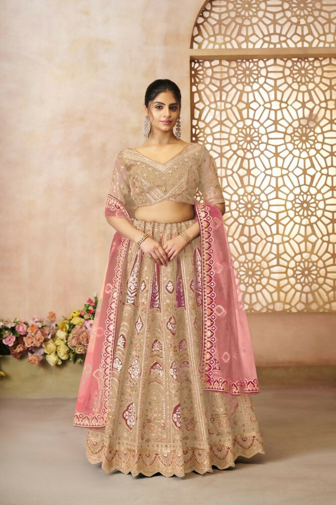 Kesar Fab Chiku Banarasi Silk Embroidered Lehenga | Swadesiicart