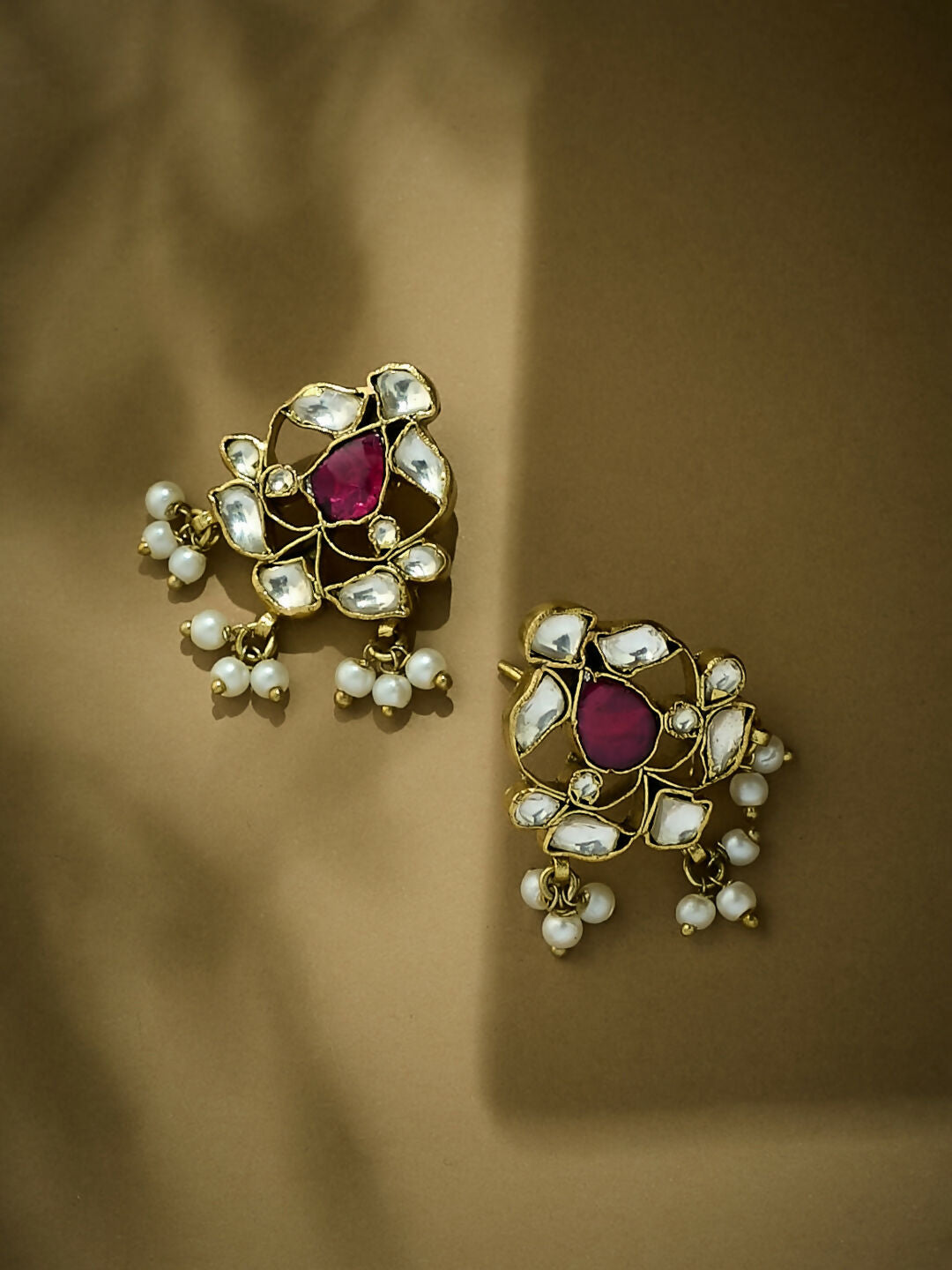 Nuyug 22K Gold-Plated Elegant Kundan & Ruby Stone Studded & Beaded Studs | Swadesiicart