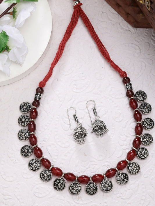 NVR Women's Red Silver-Plated Choke Oxidized Necklace with Jhumka Earrings - NR Retail-NVR