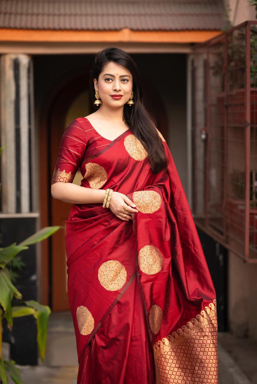 Maroon Silk Woven Saree with Unstitched Blouse - Hiral Fashion | Swadesiicart