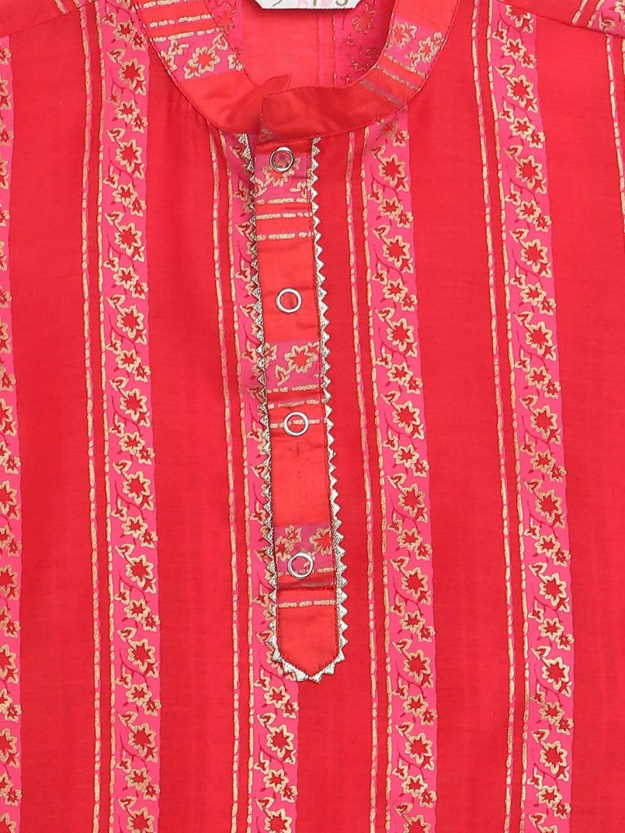 Ahalyaa Red Chanderi Khari Print Kids Kurta Churidar Set For Boys | Swadesiicart