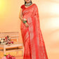 Joban Fashion Peach & Red Plain With Weaving Border Banarasi Silk Sarees | Swadesiicart