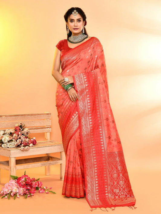 Joban Fashion Peach & Red Plain With Weaving Border Banarasi Silk Sarees | Swadesiicart
