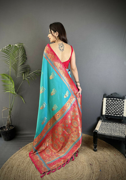 Joban Fashion Aqua Green Banarasi Soft Silk Peacock Butta Work Saree | Swadesiicart
