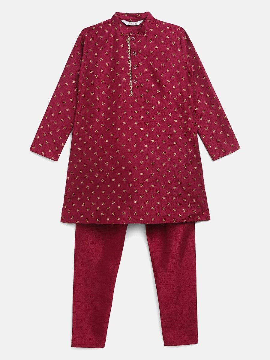 Ahalyaa Boys Wine Poly Silk Gold Printed Kids Kurta Churidar Set | Swadesiicart