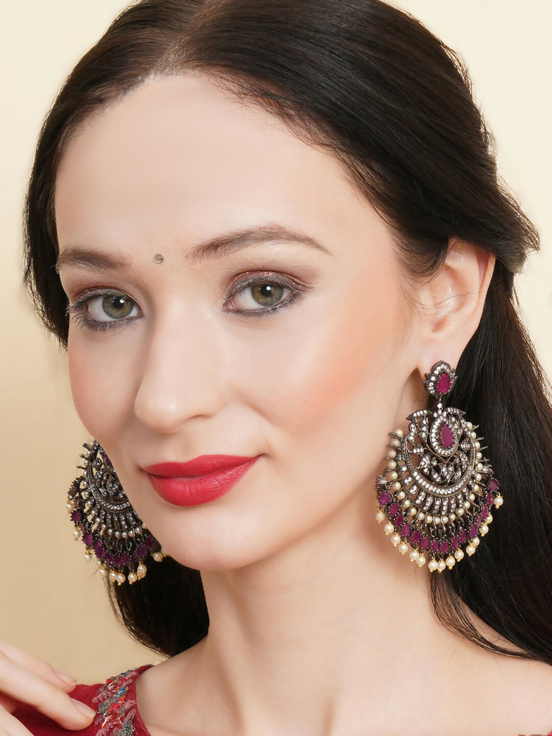 Maroon Silver Plated Earrings- Ruby Raang | Swadesiicart