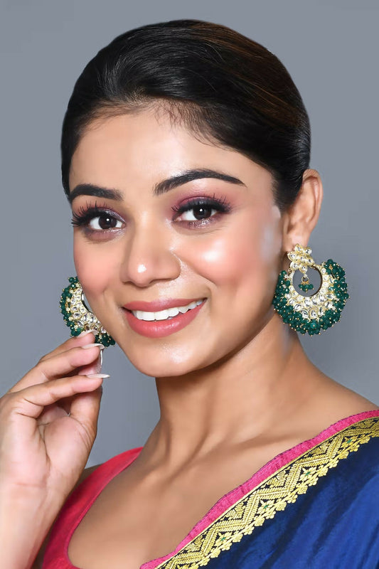 Joban Fashion Women Kundan Pearl Golden White Green Earrings - Swadesiicart