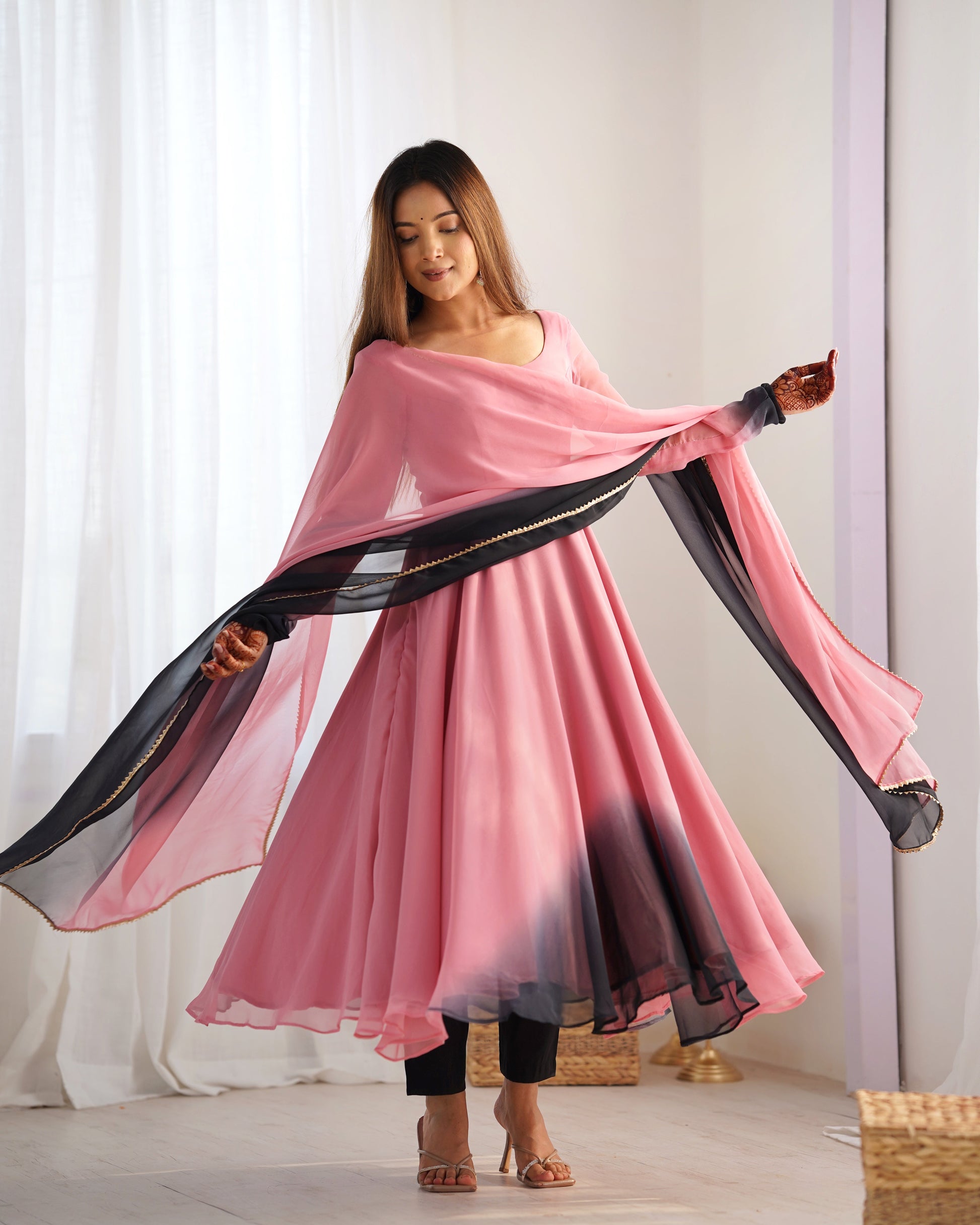 Lorenvalley Women Pure Soft Faux Georgette Colorful Padding Anarkali Kurta Pant With Dupatta Set - Onionpink - Swadesiicart