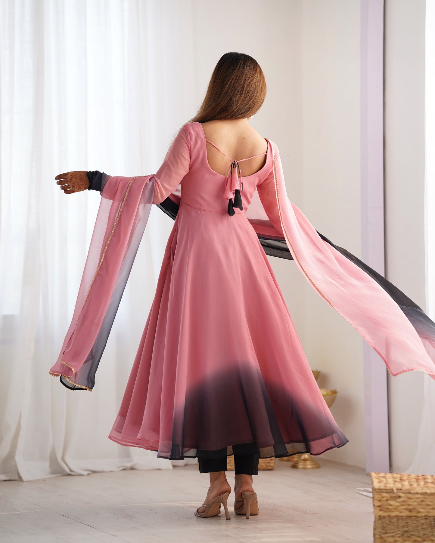 Lorenvalley Women Pure Soft Faux Georgette Colorful Padding Anarkali Kurta Pant With Dupatta Set - Onionpink - Swadesiicart