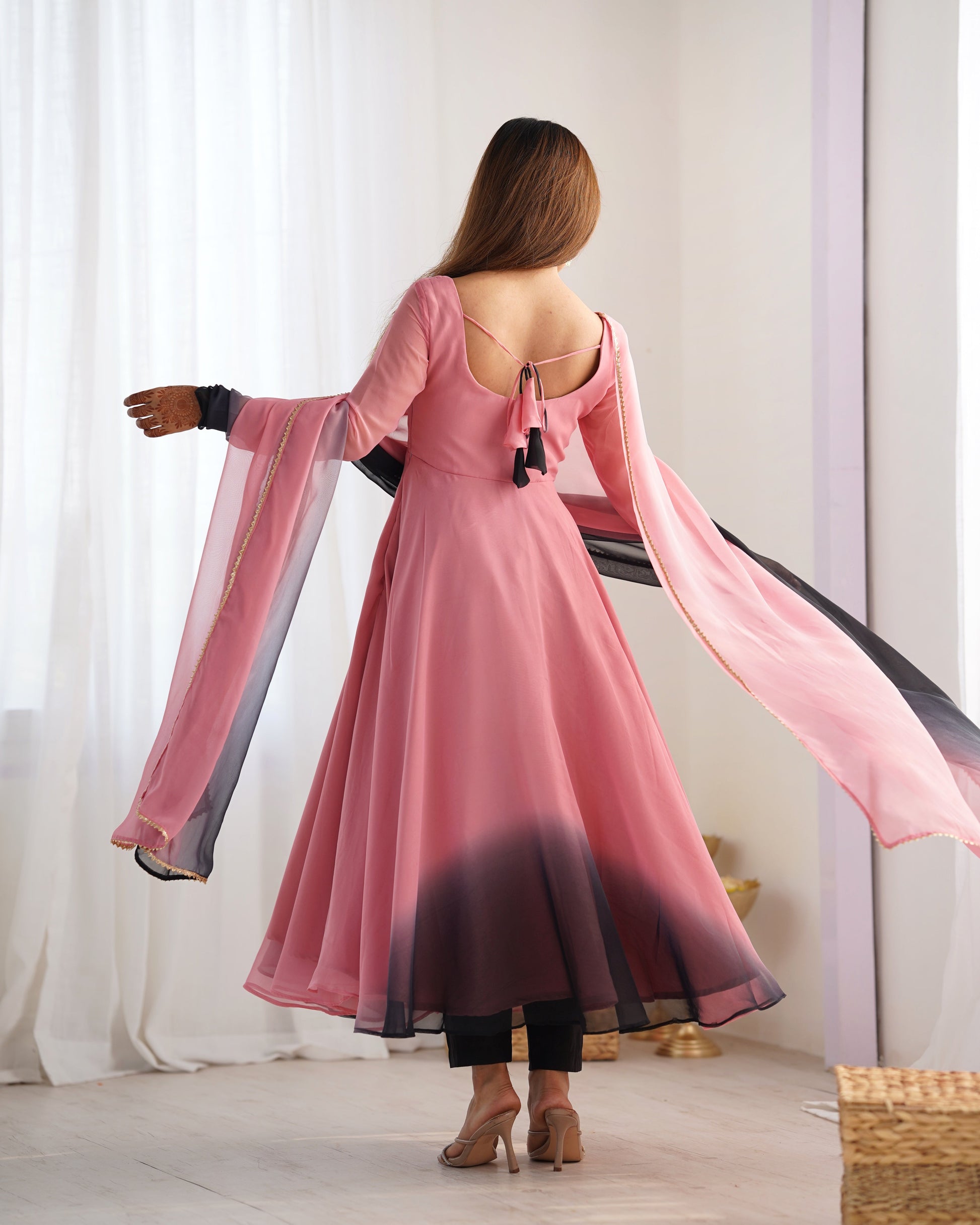 Lorenvalley Women Pure Soft Faux Georgette Colorful Padding Anarkali Kurta Pant With Dupatta Set - Onionpink - Swadesiicart