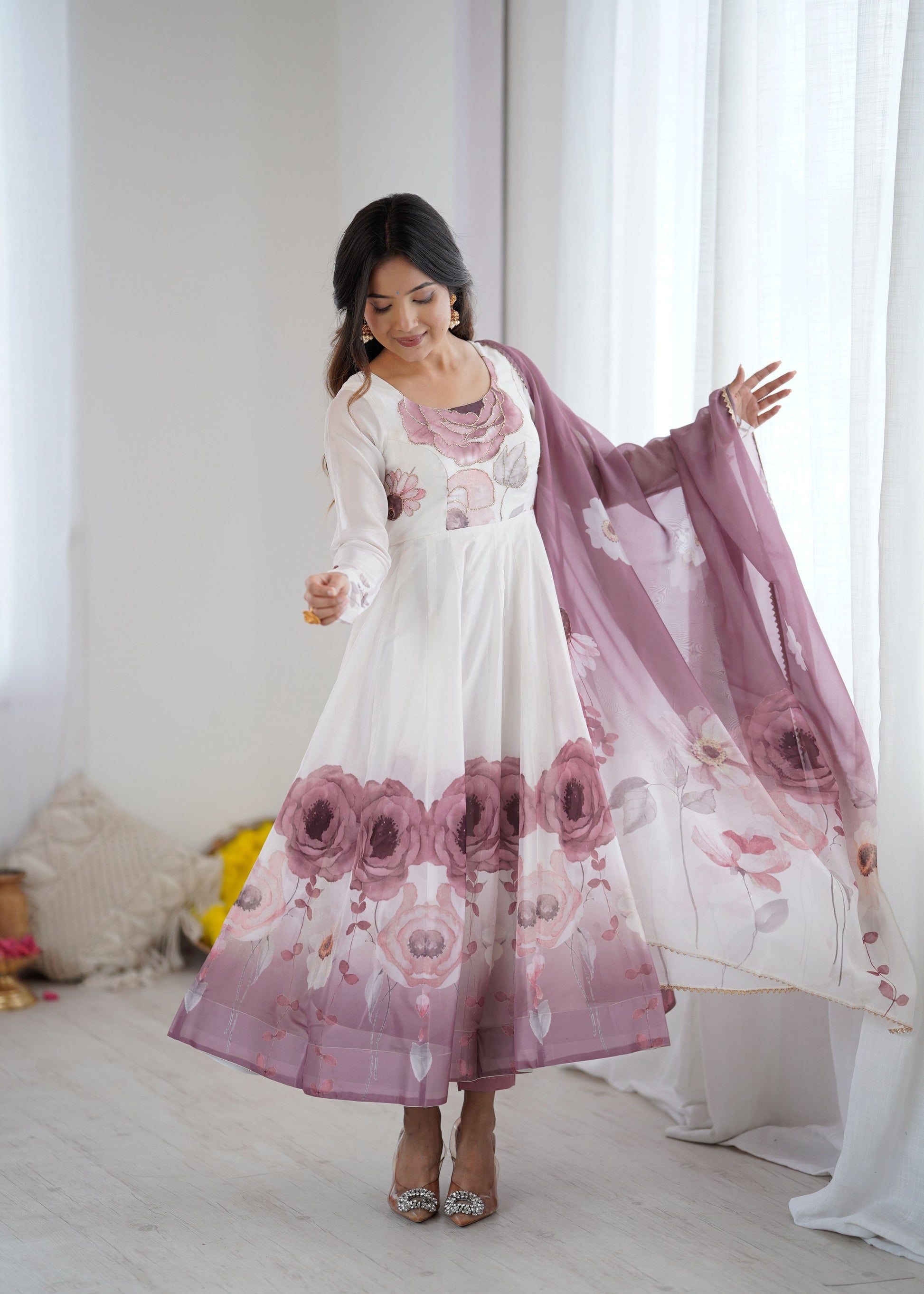 Lorenvalley Fashion Soft Organza Silk Front On Fancy Badla Jari Work Flower Position Print Outing Work Anarkali Kurta Pant With Dupatta Set - Swadesiicart