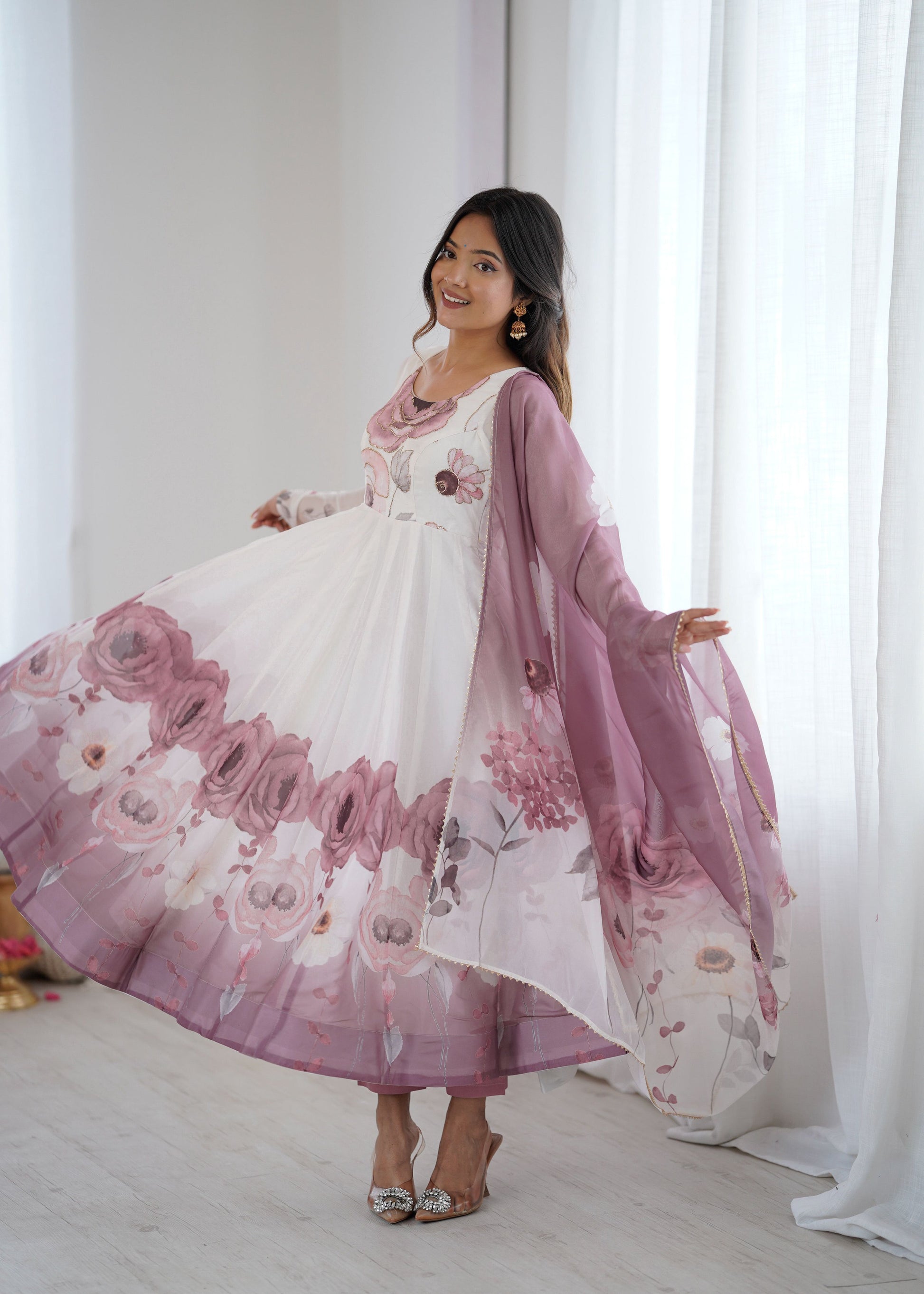 Lorenvalley Fashion Soft Organza Silk Front On Fancy Badla Jari Work Flower Position Print Outing Work Anarkali Kurta Pant With Dupatta Set - Swadesiicart