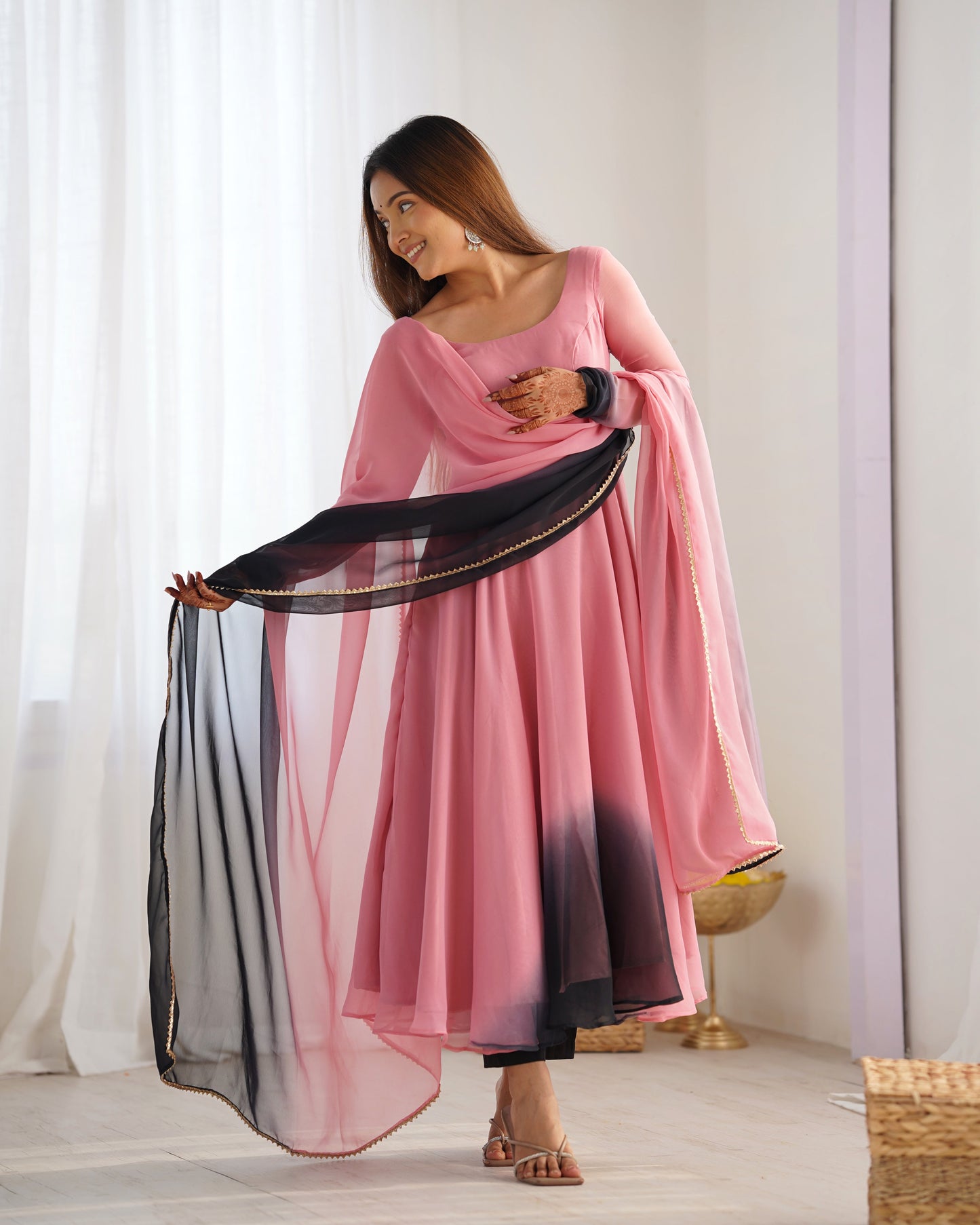 Lorenvalley Women Pure Soft Faux Georgette Colorful Padding Anarkali Kurta Pant With Dupatta Set - Onionpink - Swadesiicart