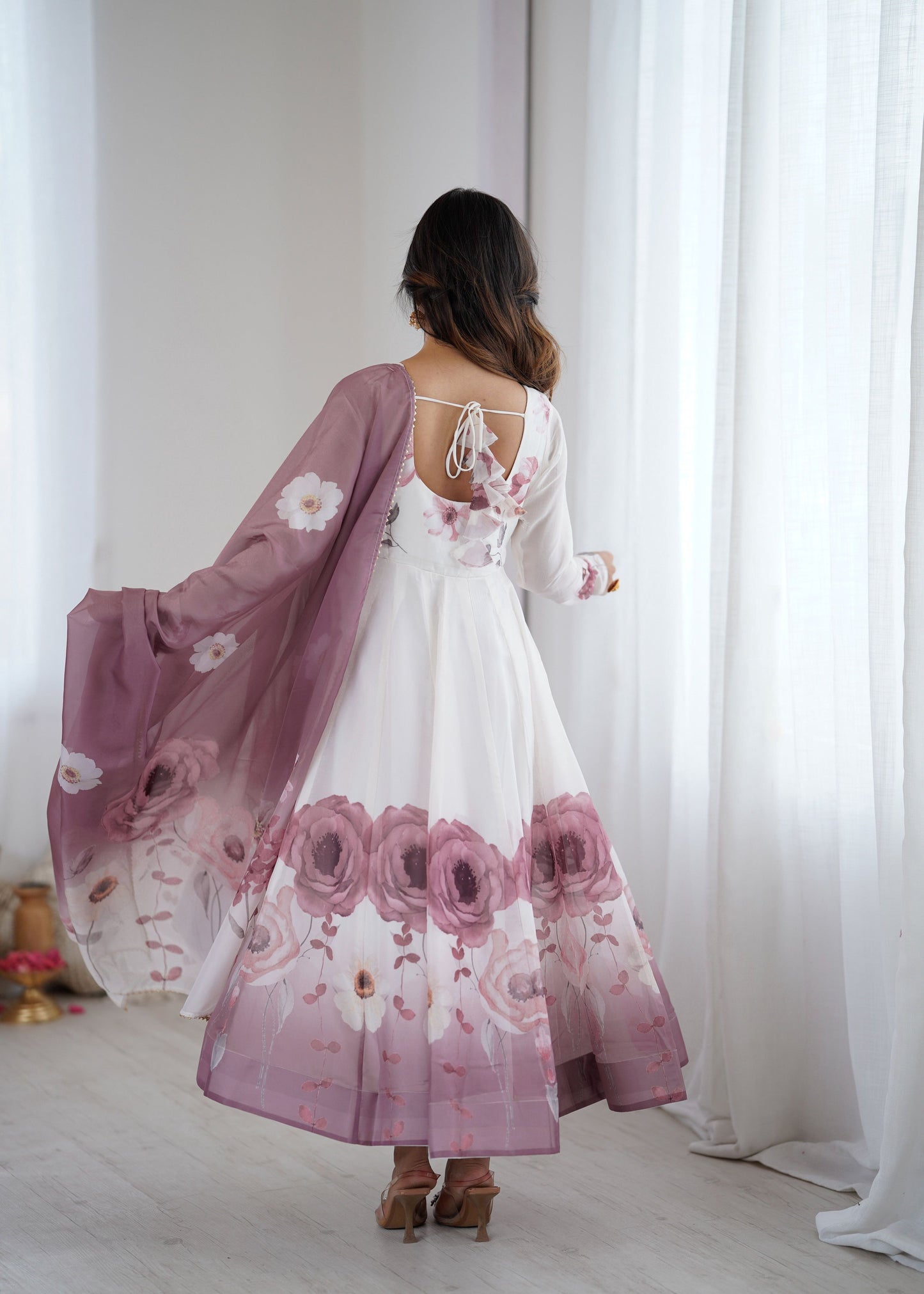 Lorenvalley Fashion Soft Organza Silk Front On Fancy Badla Jari Work Flower Position Print Outing Work Anarkali Kurta Pant With Dupatta Set - Swadesiicart