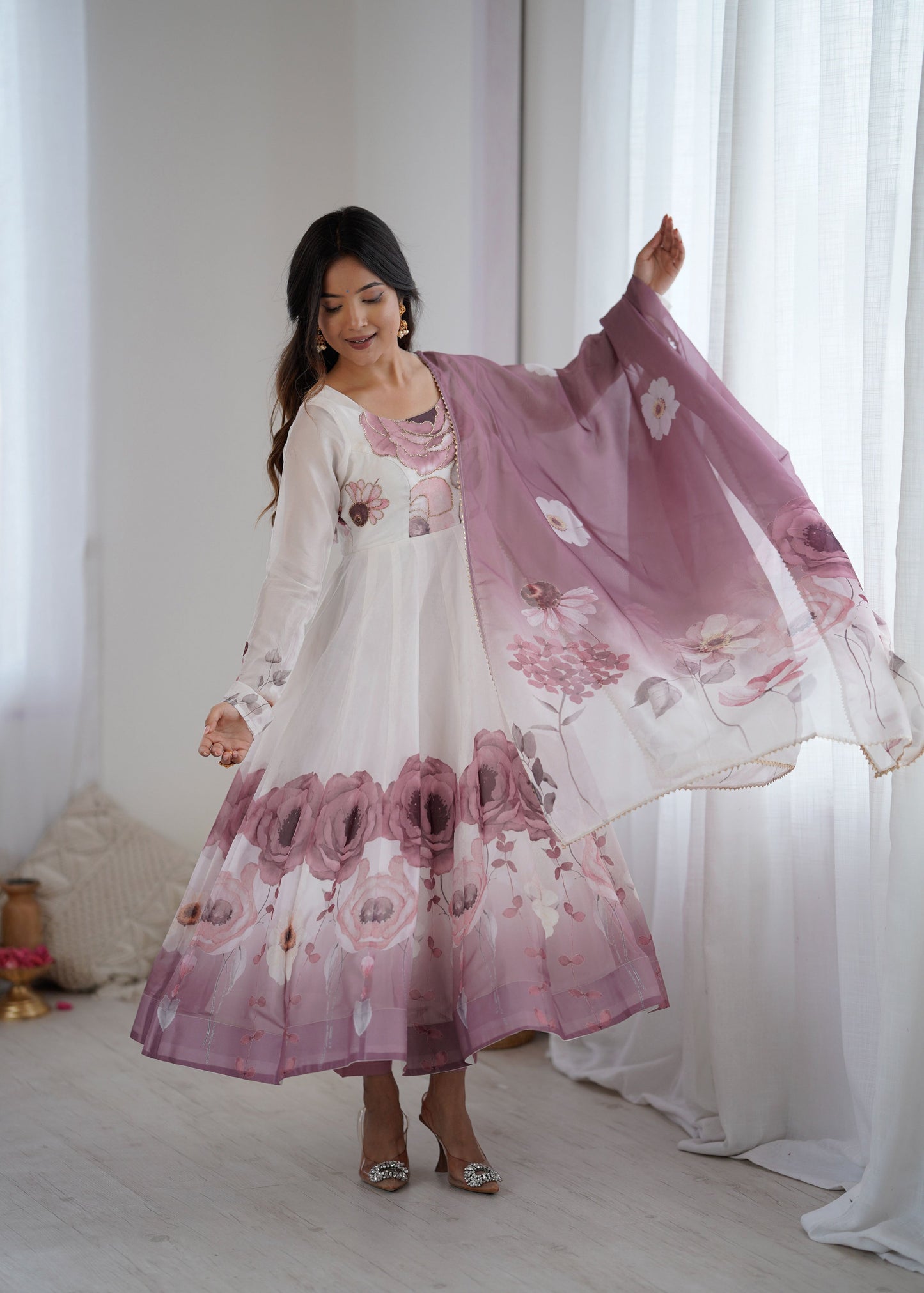 Lorenvalley Fashion Soft Organza Silk Front On Fancy Badla Jari Work Flower Position Print Outing Work Anarkali Kurta Pant With Dupatta Set - Swadesiicart