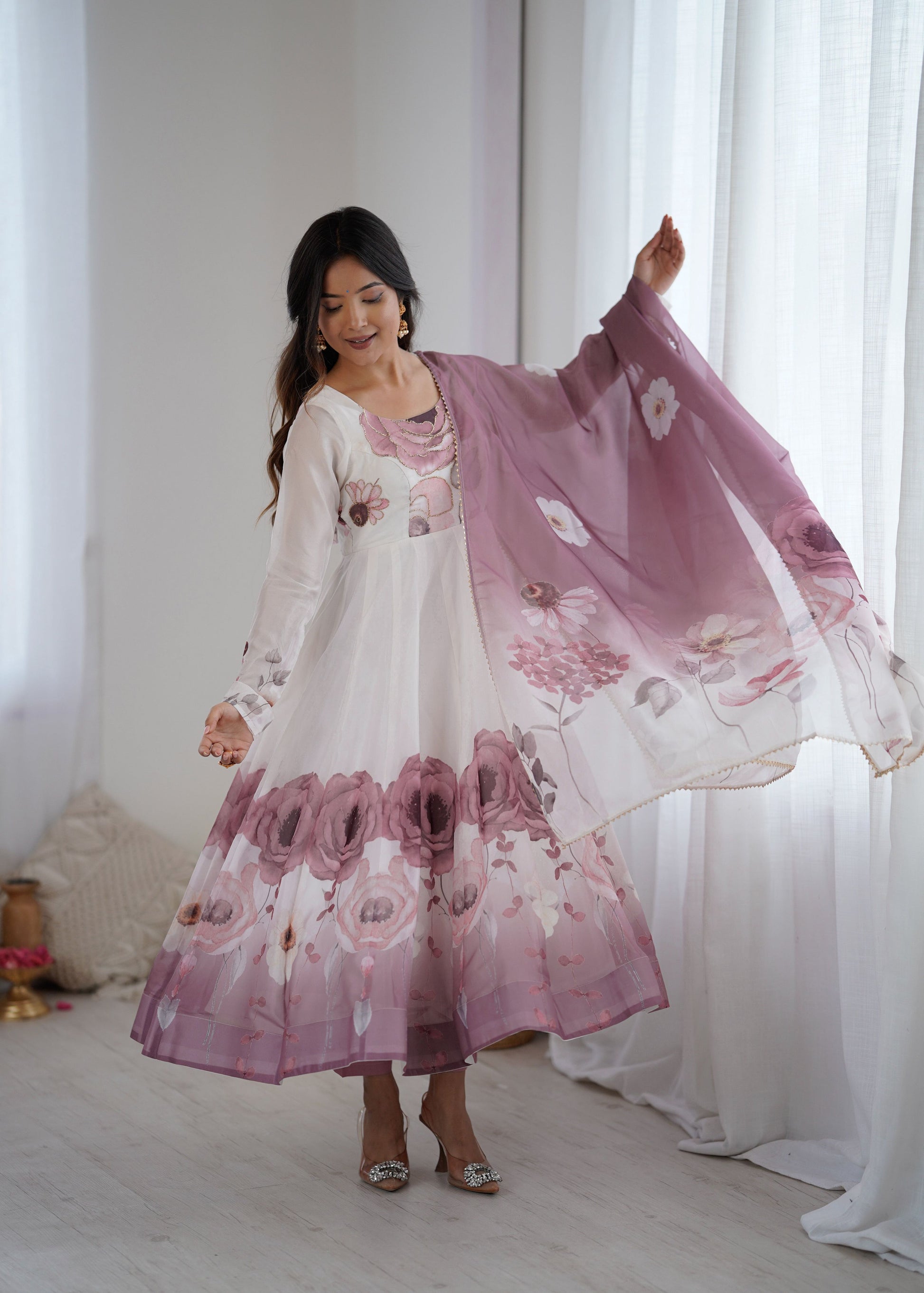 Lorenvalley Fashion Soft Organza Silk Front On Fancy Badla Jari Work Flower Position Print Outing Work Anarkali Kurta Pant With Dupatta Set - Swadesiicart