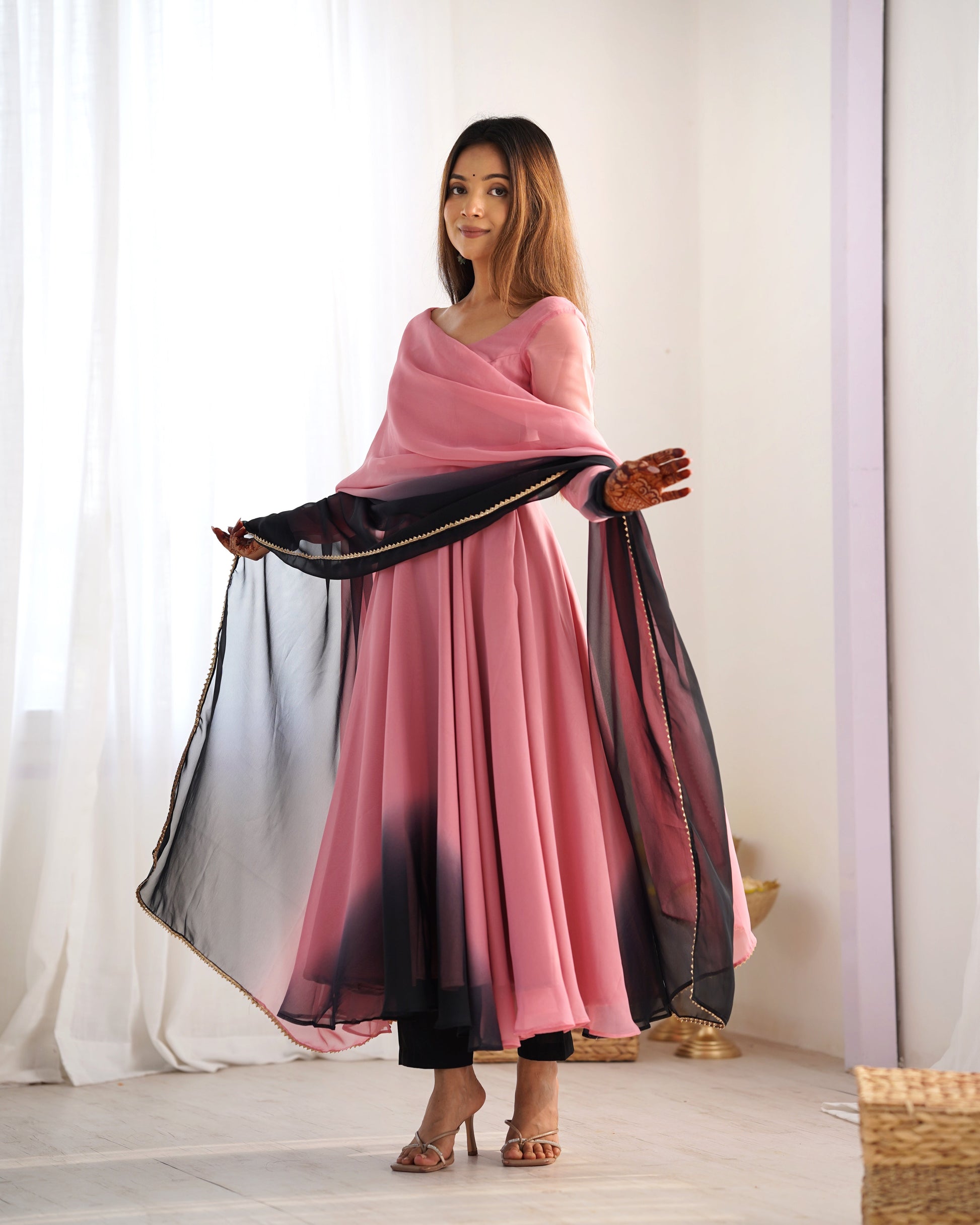 Lorenvalley Women Pure Soft Faux Georgette Colorful Padding Anarkali Kurta Pant With Dupatta Set - Onionpink - Swadesiicart