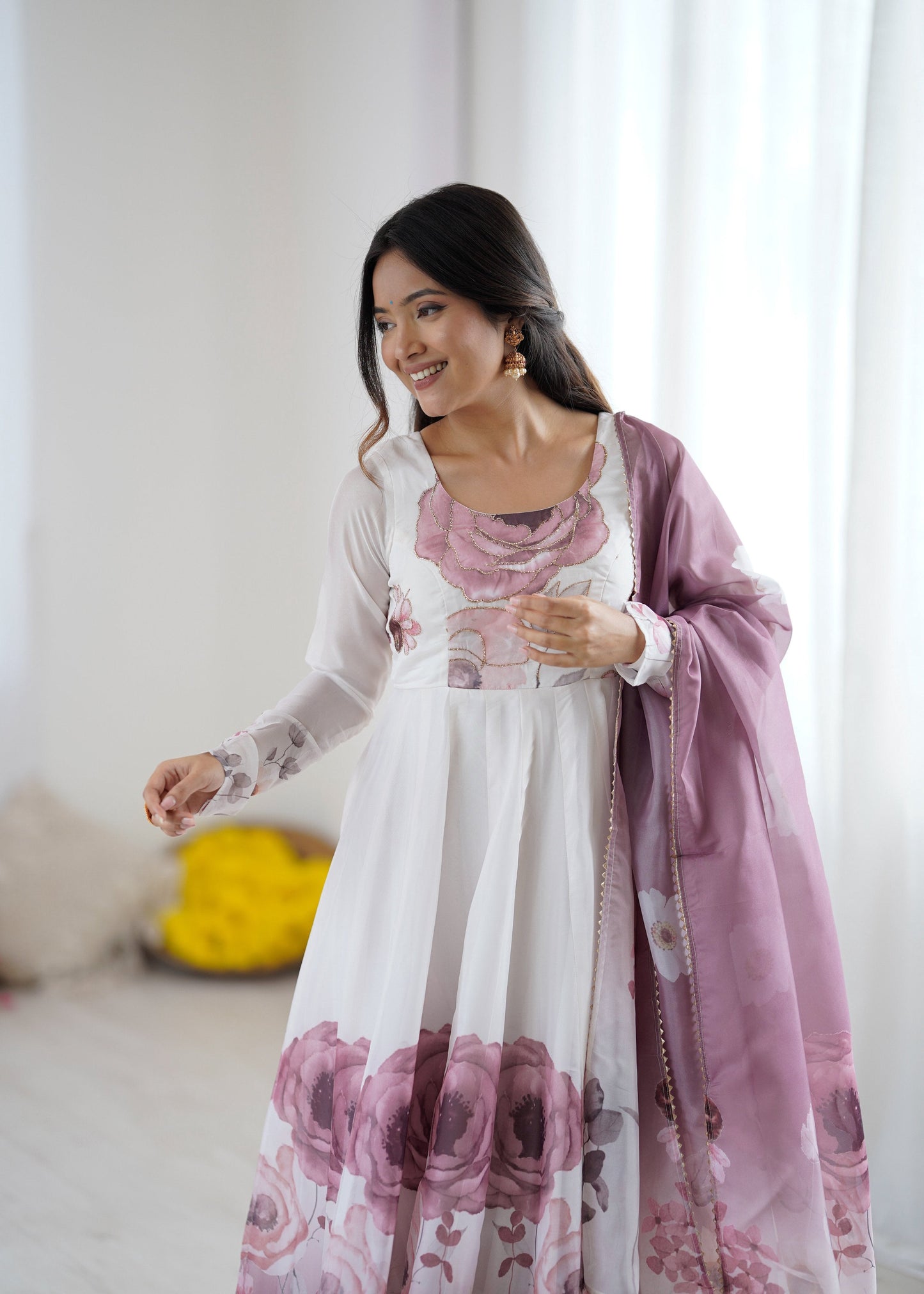 Lorenvalley Fashion Soft Organza Silk Front On Fancy Badla Jari Work Flower Position Print Outing Work Anarkali Kurta Pant With Dupatta Set - Swadesiicart