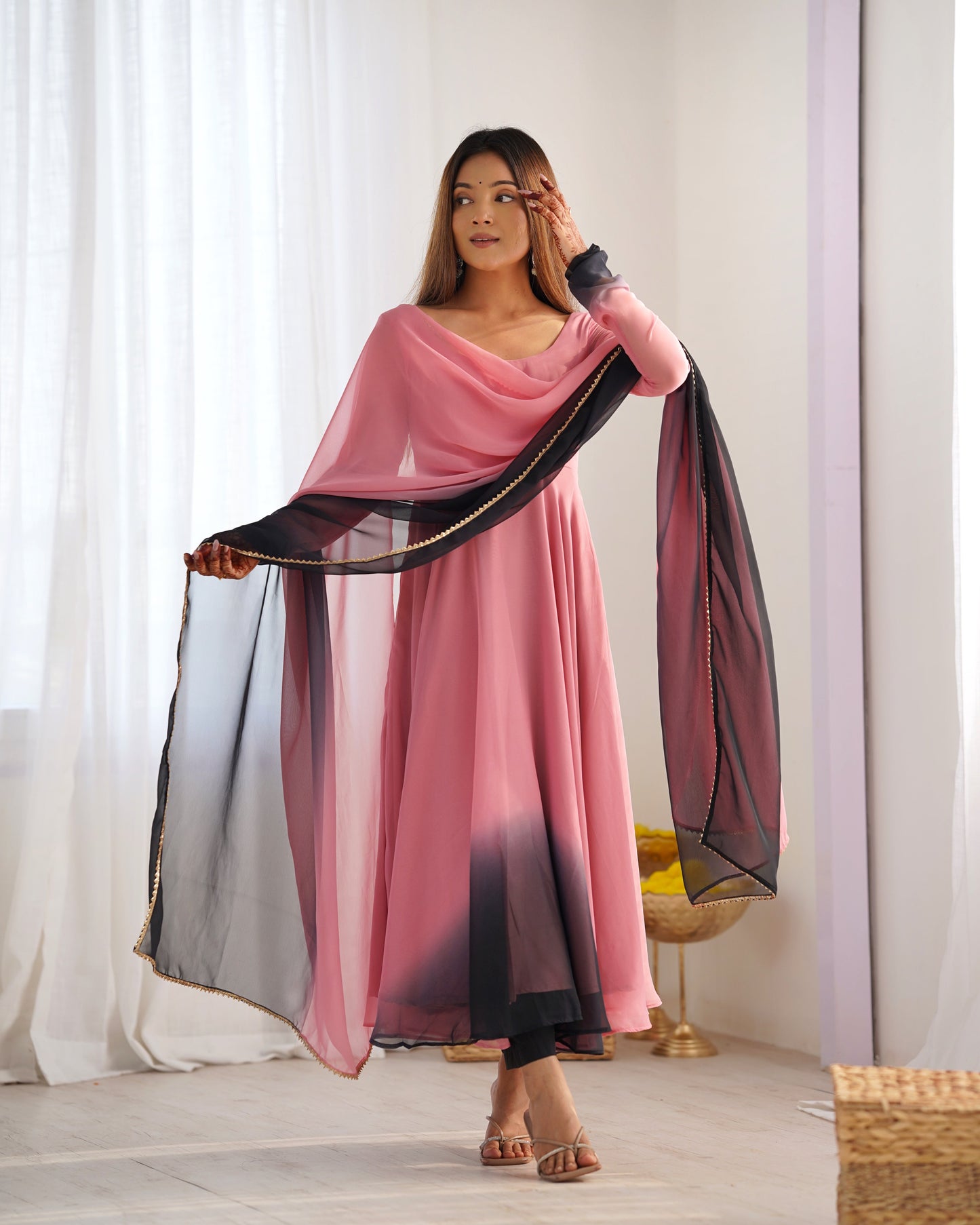 Lorenvalley Women Pure Soft Faux Georgette Colorful Padding Anarkali Kurta Pant With Dupatta Set - Onionpink - Swadesiicart