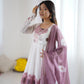 Lorenvalley Fashion Soft Organza Silk Front On Fancy Badla Jari Work Flower Position Print Outing Work Anarkali Kurta Pant With Dupatta Set - Swadesiicart