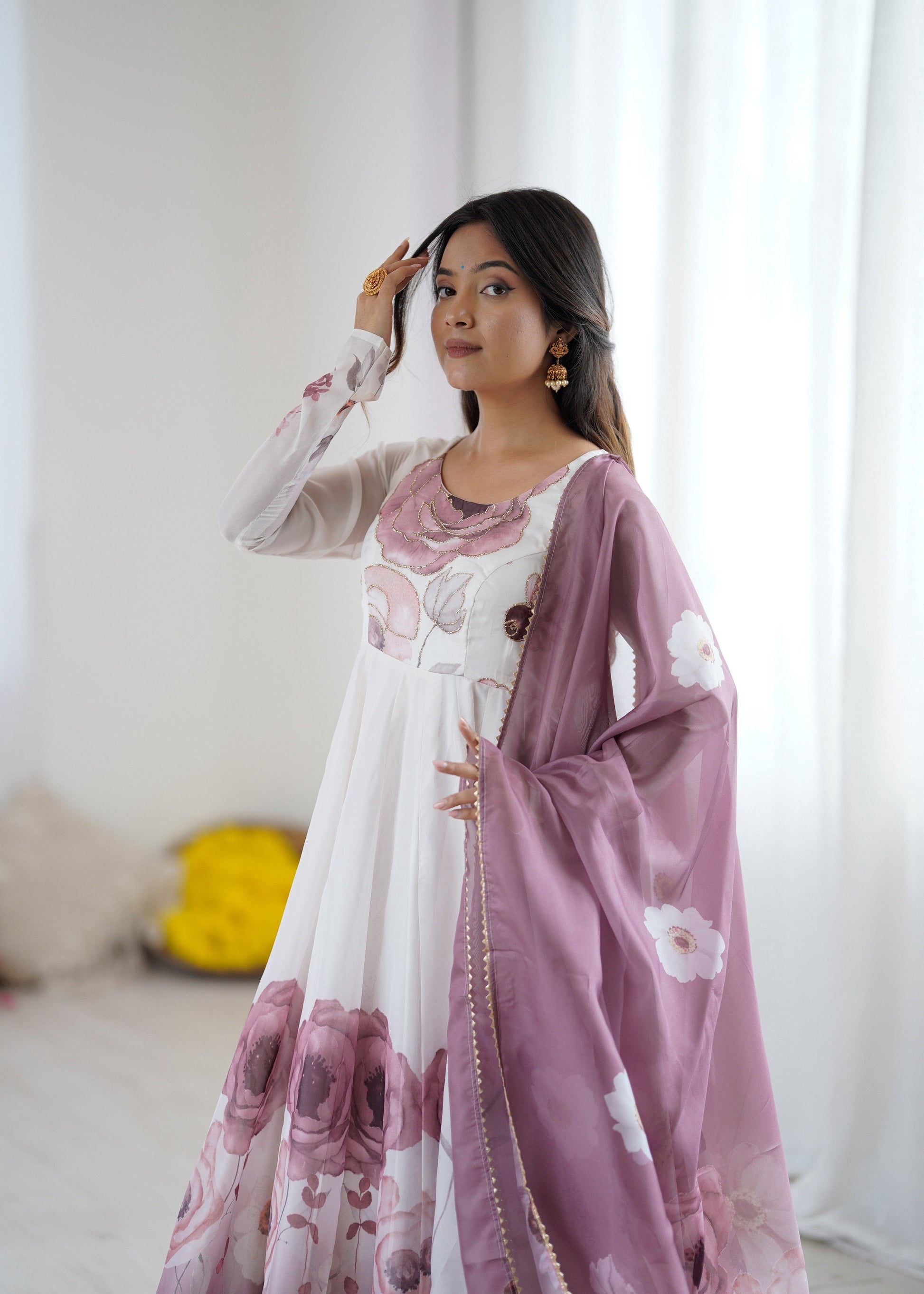 Lorenvalley Fashion Soft Organza Silk Front On Fancy Badla Jari Work Flower Position Print Outing Work Anarkali Kurta Pant With Dupatta Set - Swadesiicart