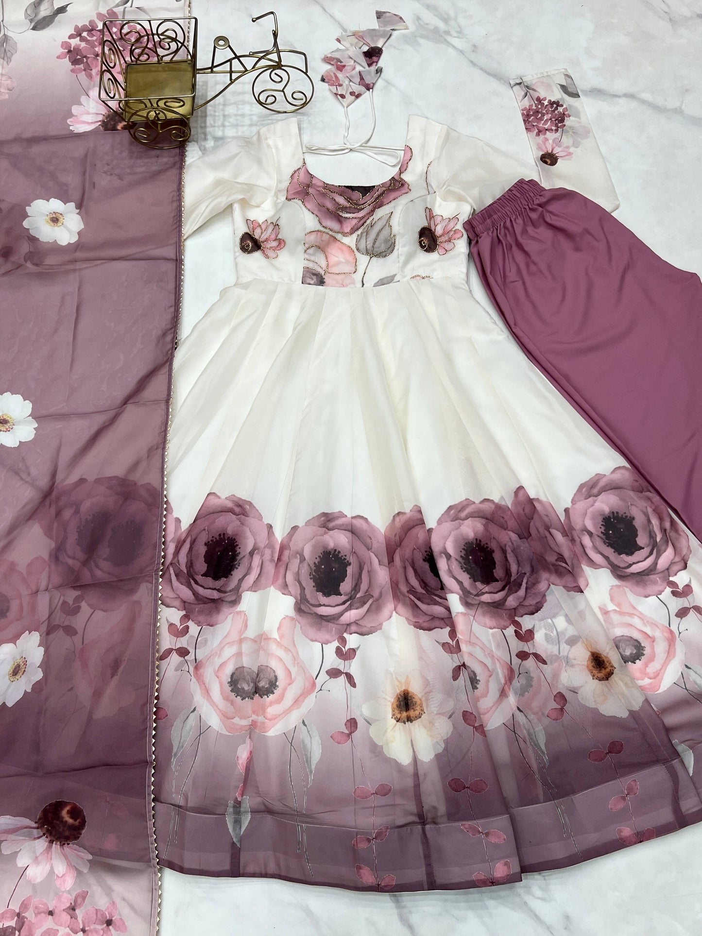Lorenvalley Fashion Soft Organza Silk Front On Fancy Badla Jari Work Flower Position Print Outing Work Anarkali Kurta Pant With Dupatta Set - Swadesiicart