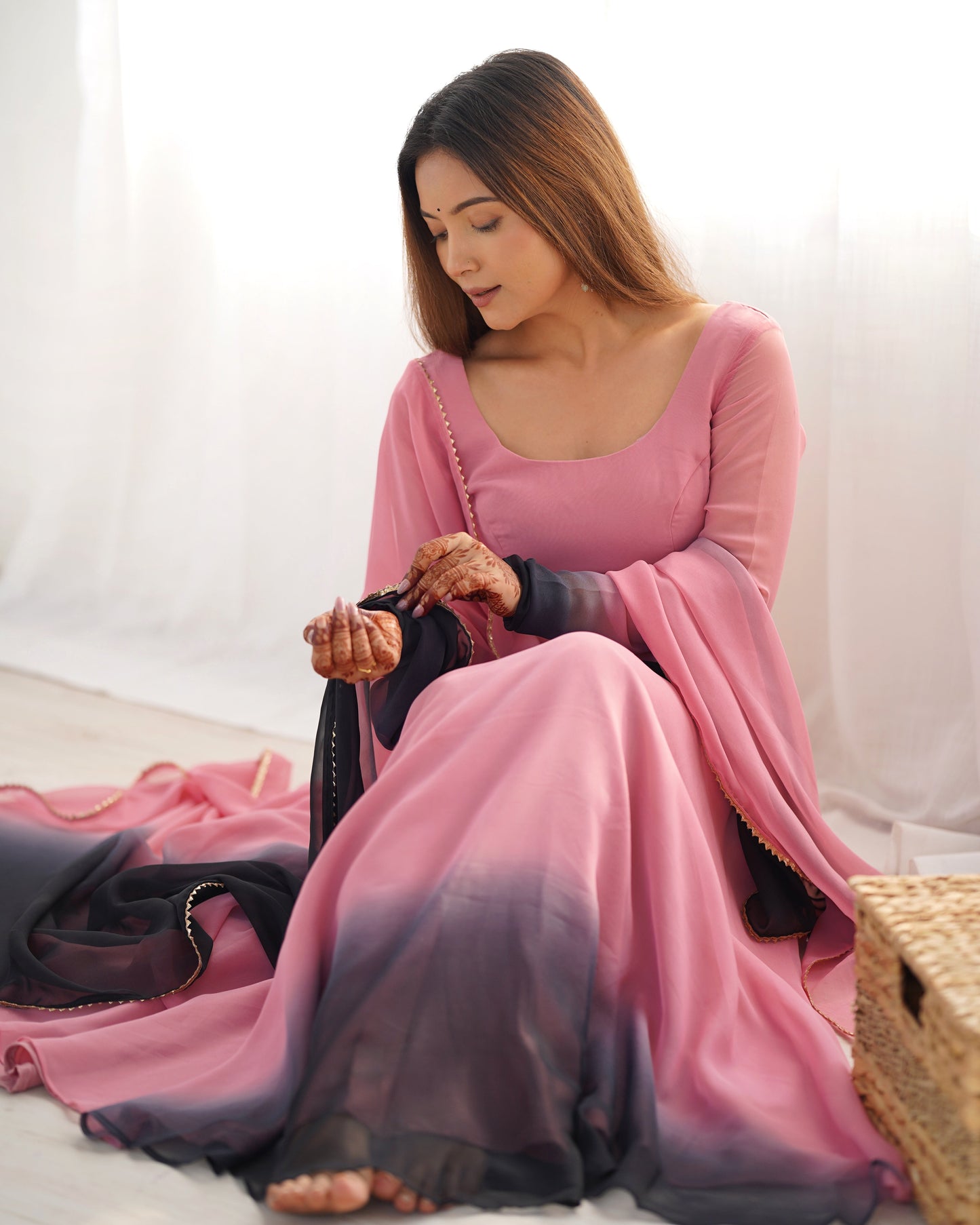 Lorenvalley Women Pure Soft Faux Georgette Colorful Padding Anarkali Kurta Pant With Dupatta Set - Onionpink - Swadesiicart