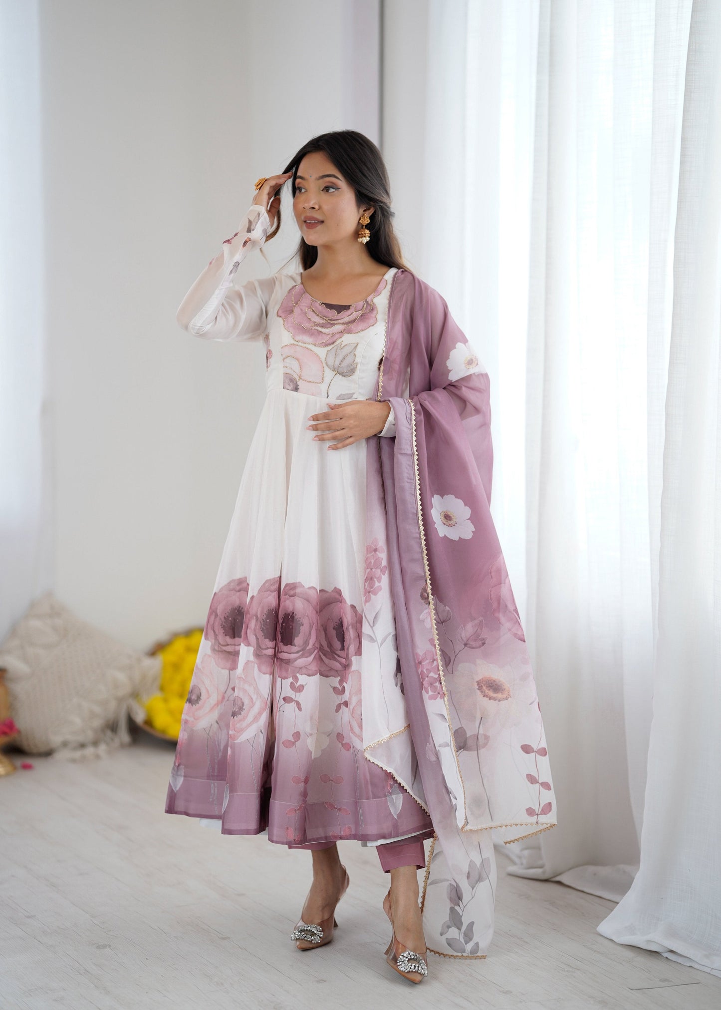 Lorenvalley Fashion Soft Organza Silk Front On Fancy Badla Jari Work Flower Position Print Outing Work Anarkali Kurta Pant With Dupatta Set - Swadesiicart