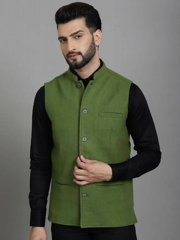 Even Apparels Nehru Jacket With Welt Pockets - Olive | Swadesiicart