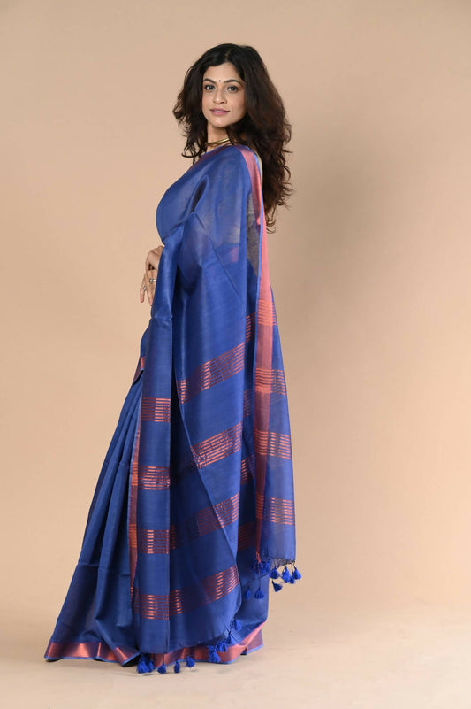 Very Much Indian Handloom Cotton Silk Maheshwari Saree With Sleek Golden Border - Purple Blue | Swadesiicart
