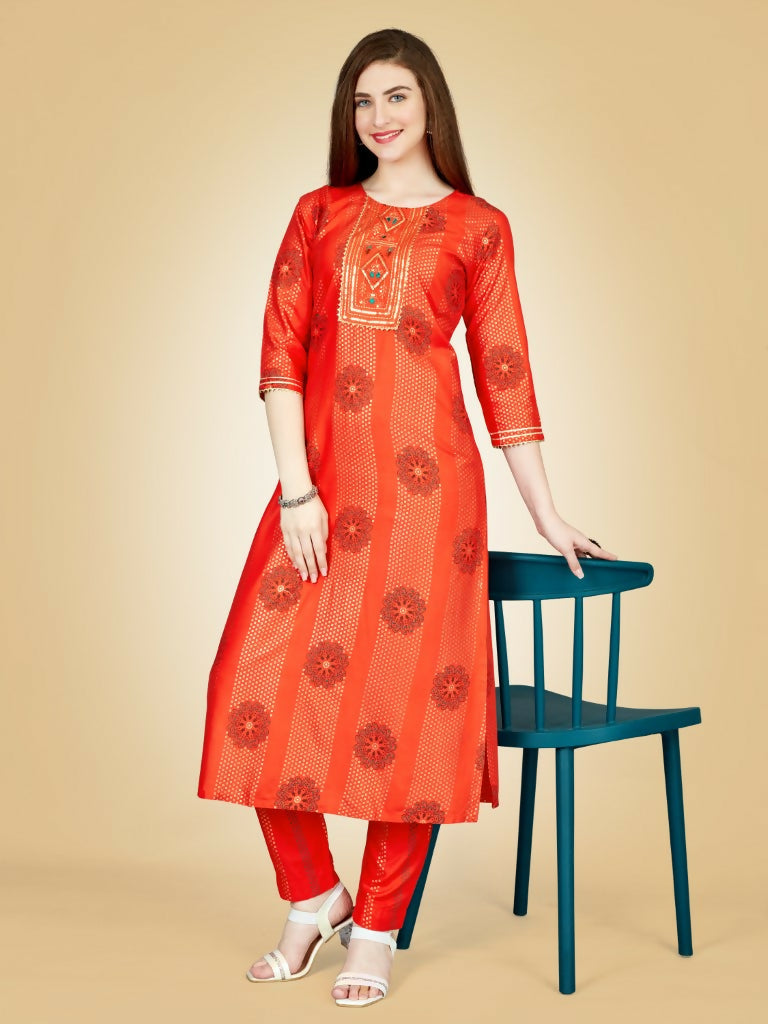 Jyoti Fashion Women's Orange Viscose Rayon Embroidered Kurta Pant Set | Swadesiicart