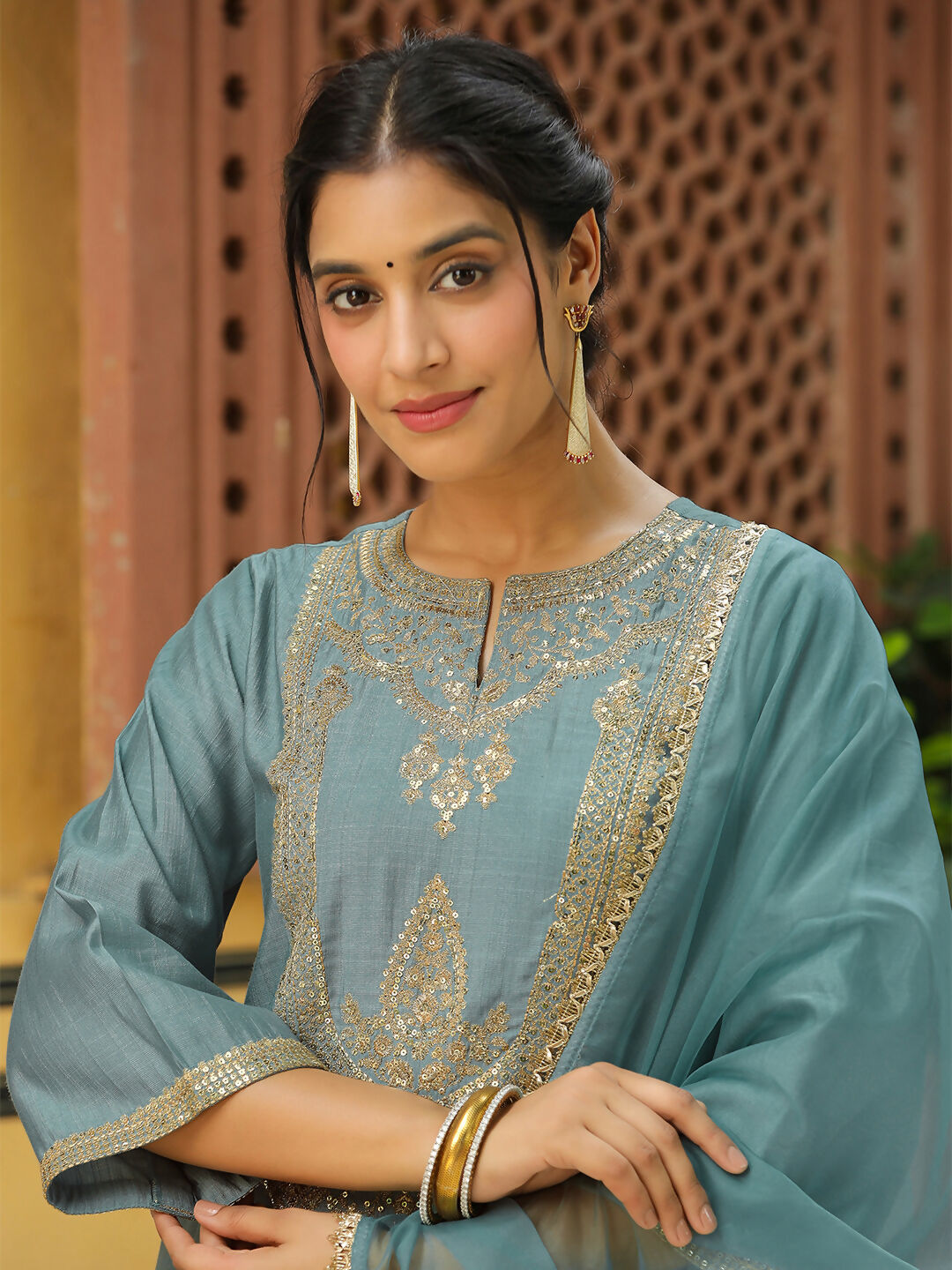 Janasya Light Blue Silk Blend Solid Kurta,Bottom & Dupatta | Swadesiicart