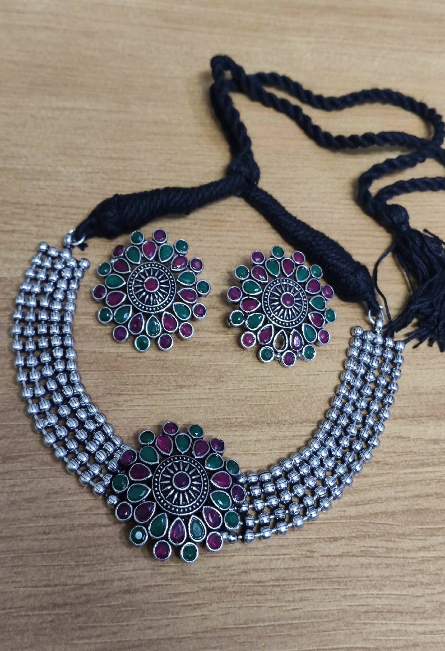 Mominos Fashion Johar Kamal Oxidised Silver-Plated Brass Finish Kundan Choker For Women (Multi) | Swadesiicart