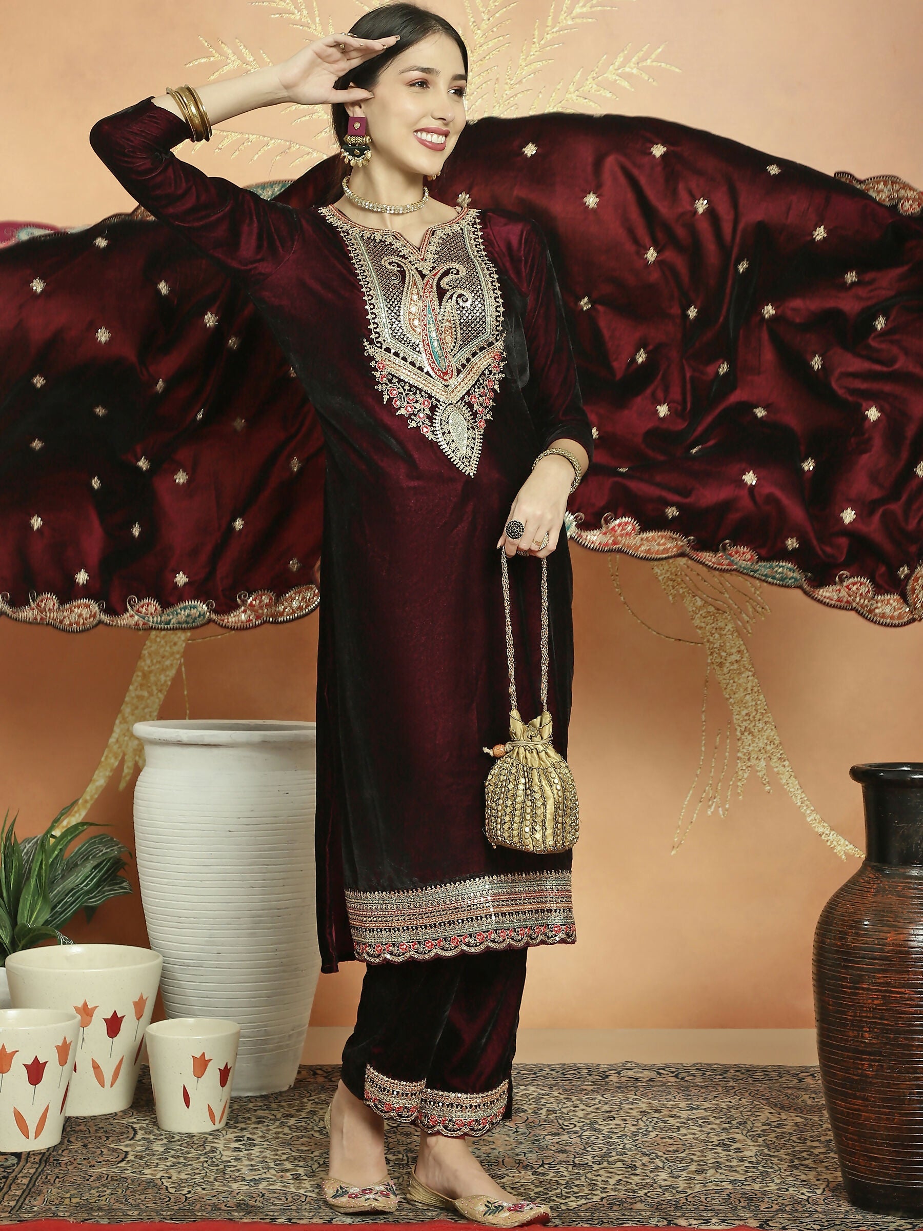 Jyoti Fashion Women's Maroon Velvet Cording with Resham Thread & Sequin Kurta with Trouser & Dupatta | Swadesiicart