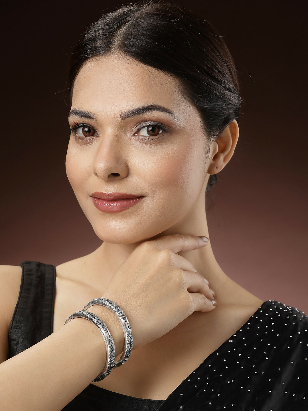 NVR Women's Set of 2 Silver-Toned German Silver Peacock Design Oxidised Kada Bangle - Swadesiicart
